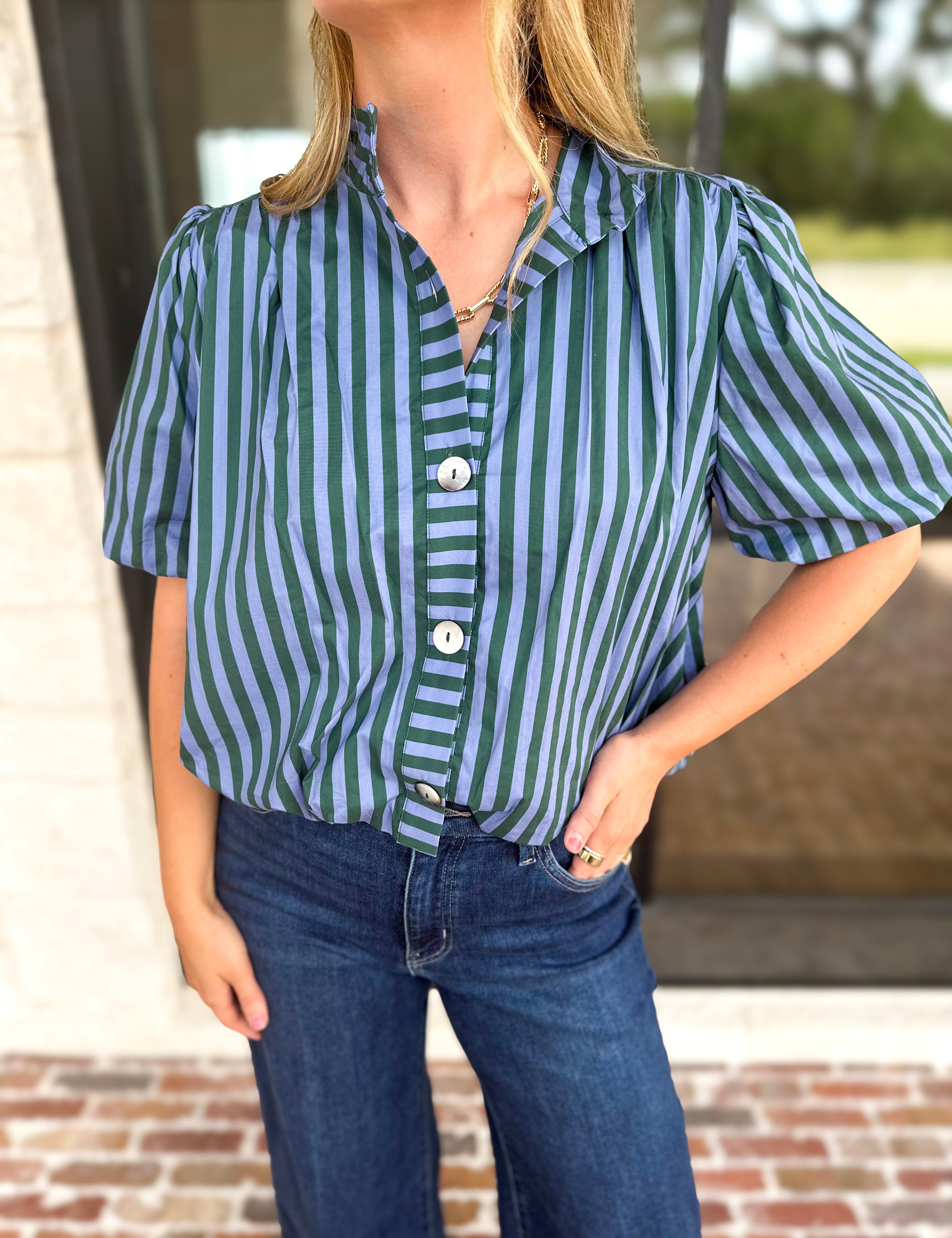 Coffee Date Blouse - Blue & Hunter-200 Fashion Blouses-ENTRO-July & June Women's Fashion Boutique Located in San Antonio, Texas