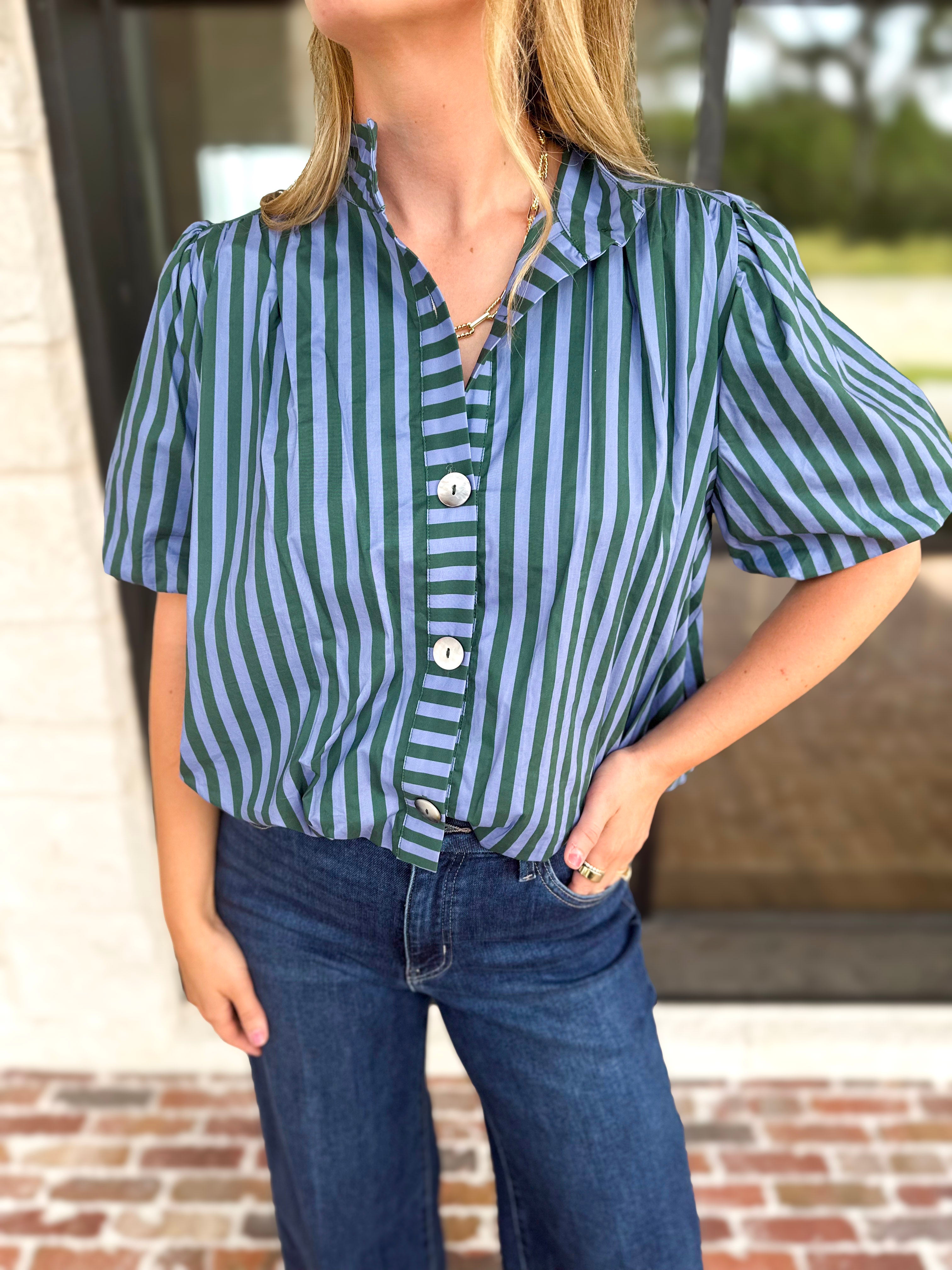 Coffee Date Blouse - Blue & Hunter-200 Fashion Blouses-ENTRO-July & June Women's Fashion Boutique Located in San Antonio, Texas
