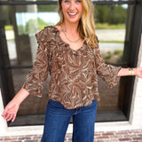 Liverpool - Willow Espresso Ruffle Blouse-200 Fashion Blouses-LIVERPOOL JEANS COMPANY-July & June Women's Fashion Boutique Located in San Antonio, Texas