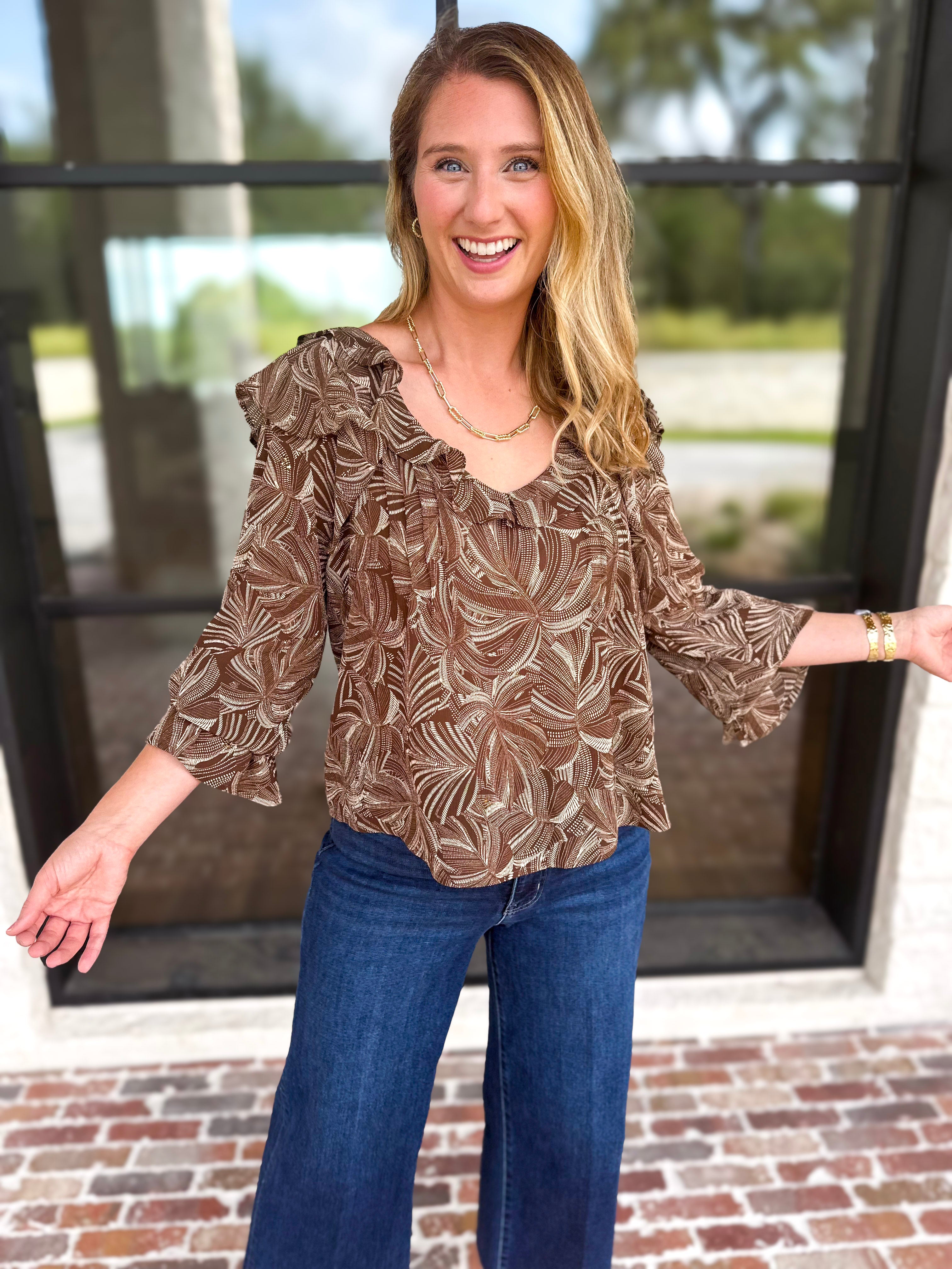 Liverpool - Willow Espresso Ruffle Blouse-200 Fashion Blouses-LIVERPOOL JEANS COMPANY-July & June Women's Fashion Boutique Located in San Antonio, Texas
