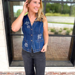 Current Air - Chic Denim Floral Vest-200 Fashion Blouses-CURRENT AIR CLOTHING-July & June Women's Fashion Boutique Located in San Antonio, Texas