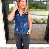 Current Air - Chic Denim Floral Vest-200 Fashion Blouses-CURRENT AIR CLOTHING-July & June Women's Fashion Boutique Located in San Antonio, Texas
