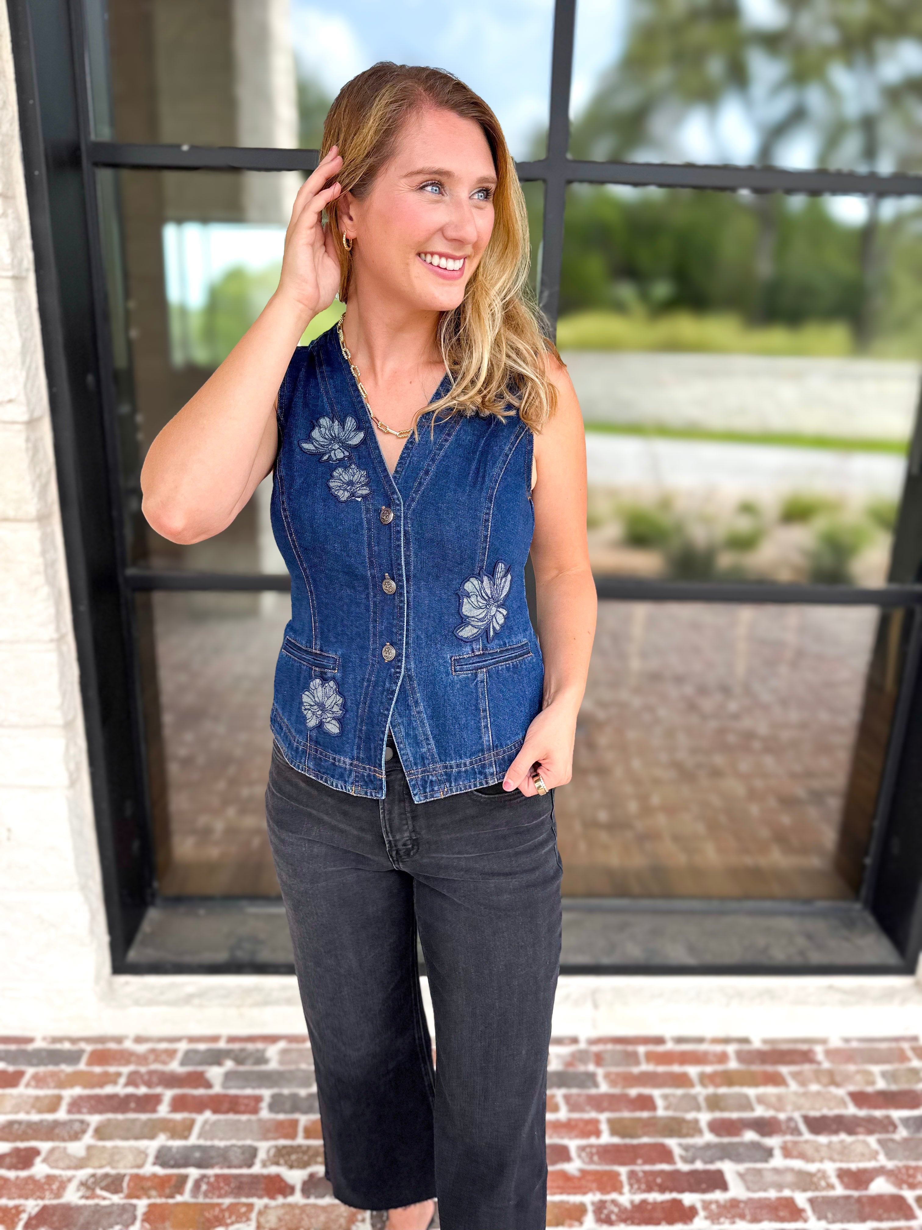 Current Air - Chic Denim Floral Vest-200 Fashion Blouses-CURRENT AIR CLOTHING-July & June Women's Fashion Boutique Located in San Antonio, Texas