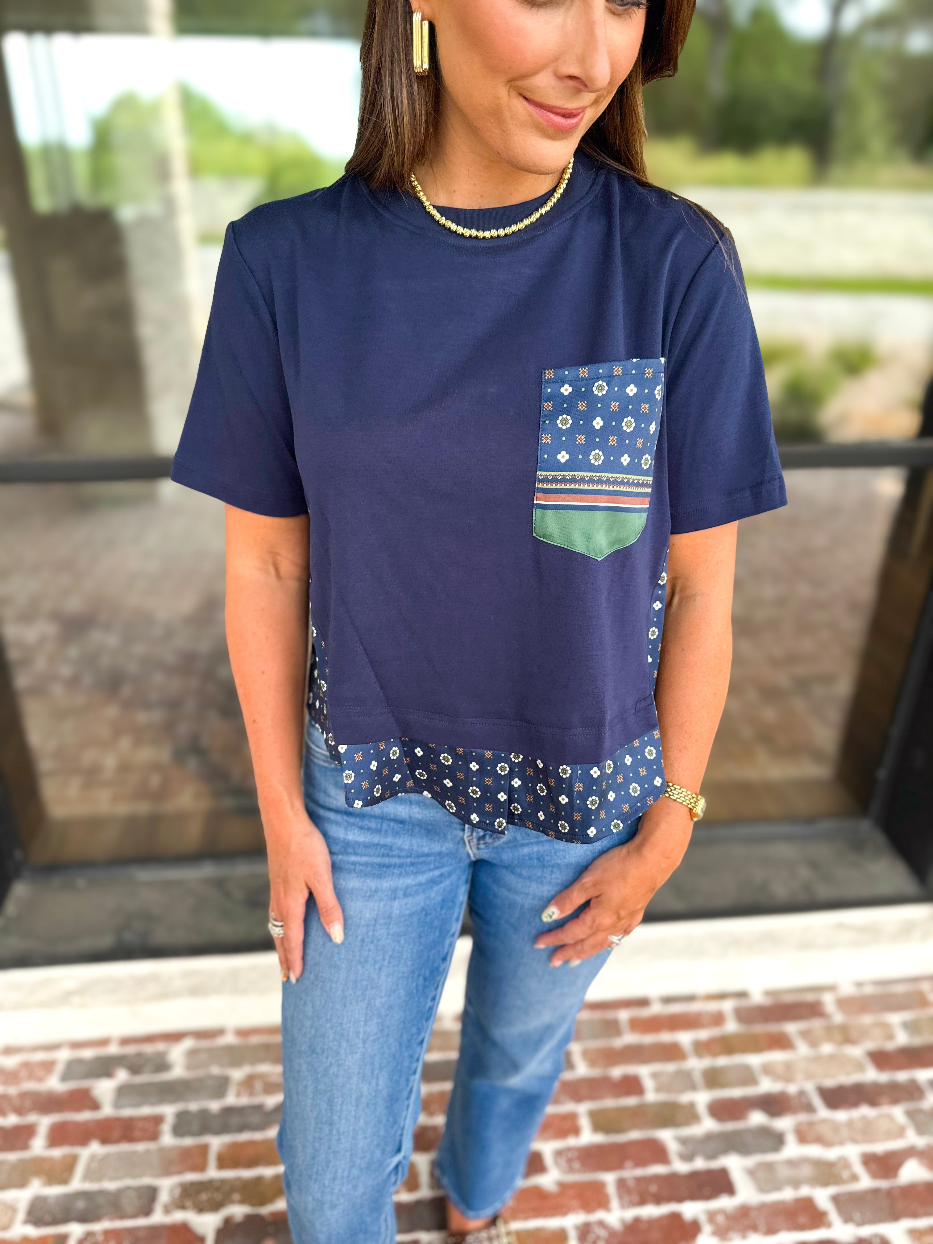 Current Air - Mix It Up Navy Blouse-200 Fashion Blouses-CURRENT AIR CLOTHING-July & June Women's Fashion Boutique Located in San Antonio, Texas