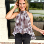 Delia Gingham Halter Blouse-200 Fashion Blouses-OLIVACEOUS-July & June Women's Fashion Boutique Located in San Antonio, Texas