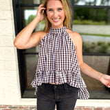 Delia Gingham Halter Blouse-200 Fashion Blouses-OLIVACEOUS-July & June Women's Fashion Boutique Located in San Antonio, Texas