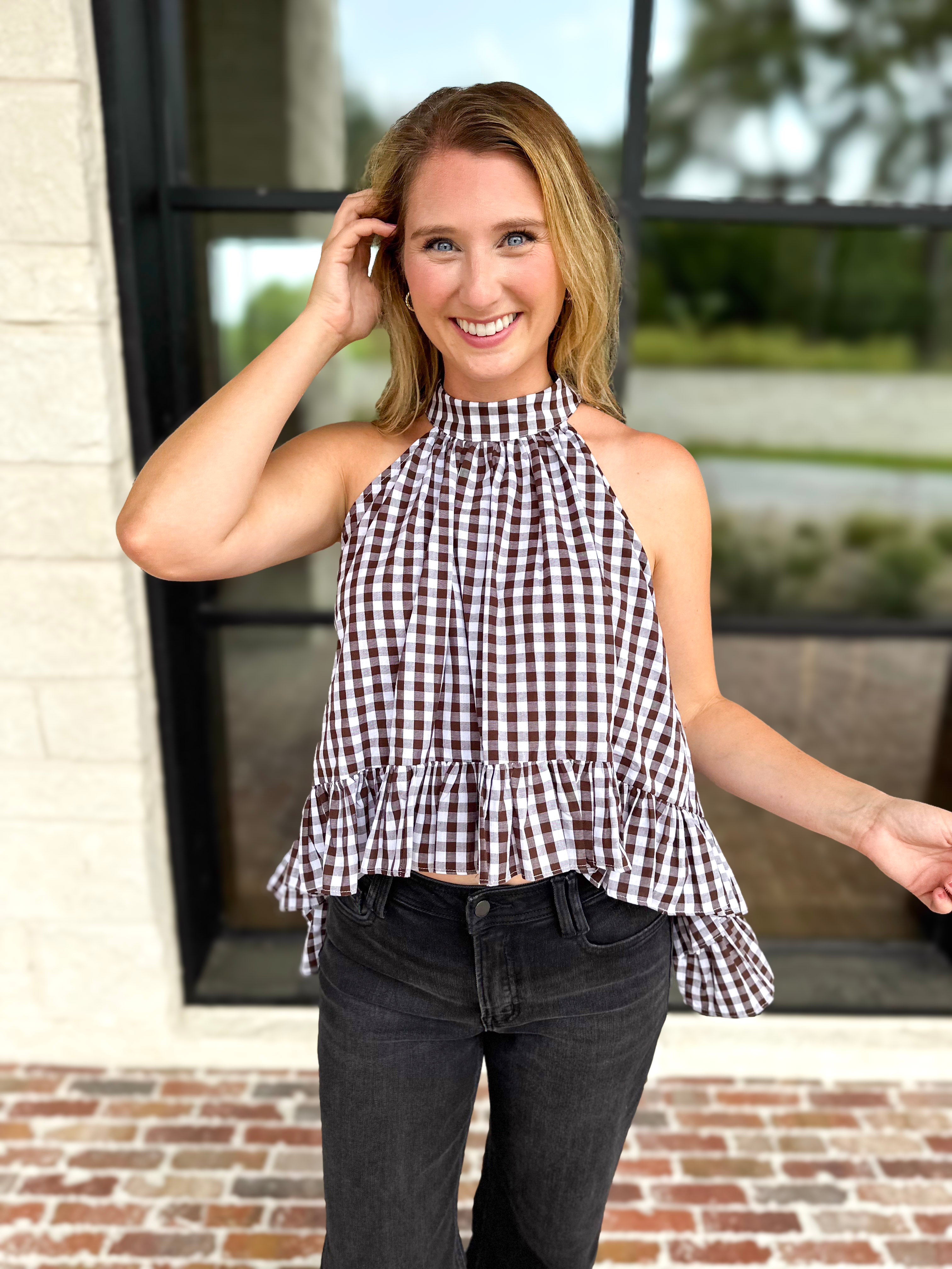 Delia Gingham Halter Blouse-200 Fashion Blouses-OLIVACEOUS-July & June Women's Fashion Boutique Located in San Antonio, Texas