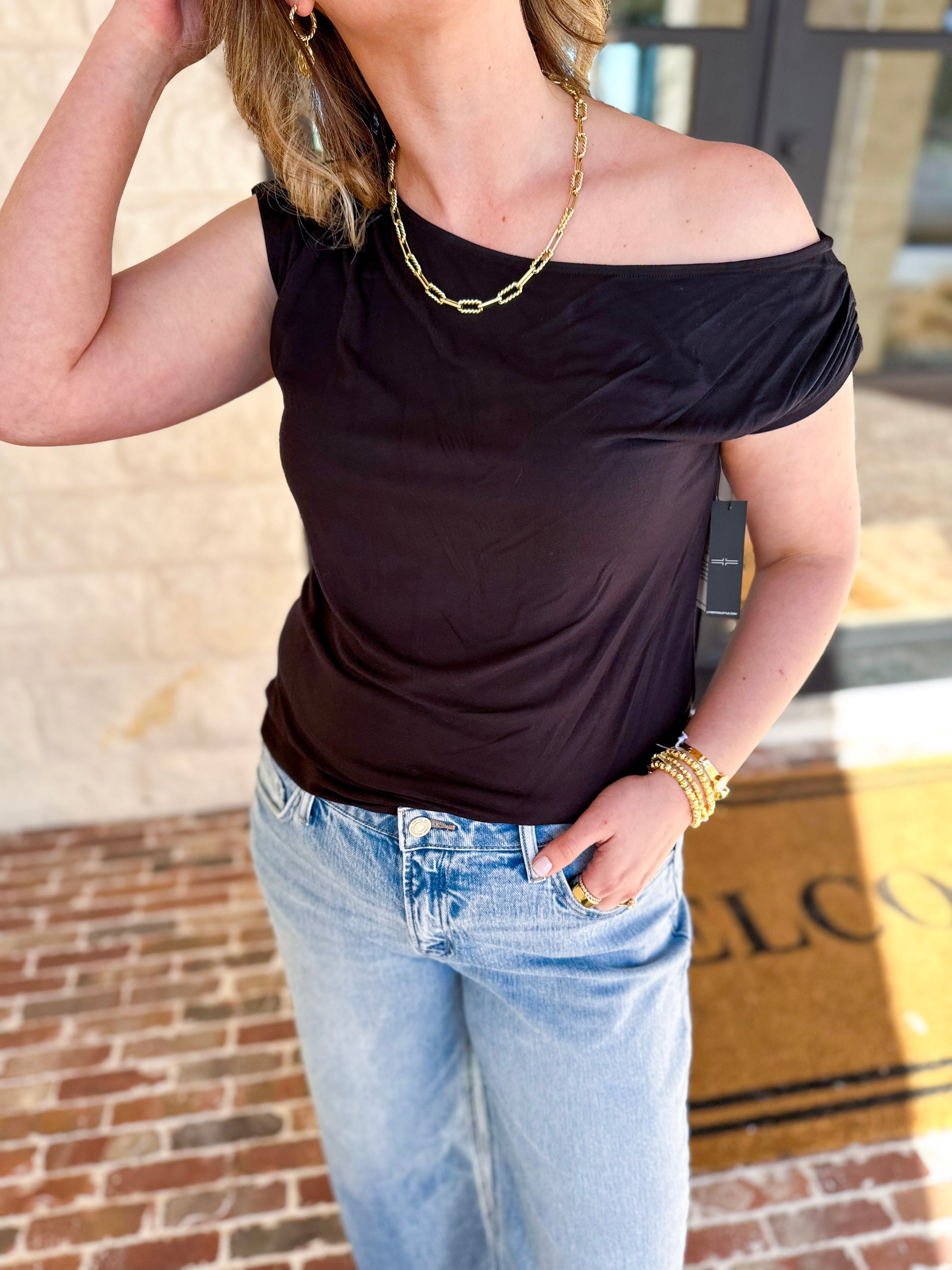 LIVERPOOL - Black Off the Shoulder Top-200 Fashion Blouses-LIVERPOOL JEANS COMPANY-July & June Women's Fashion Boutique Located in San Antonio, Texas
