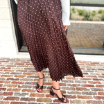 Chocolate Brown Polka Dot Midi Skirt-500 Midi-SKIES ARE BLUE-July & June Women's Fashion Boutique Located in San Antonio, Texas