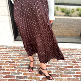 Chocolate Brown Polka Dot Midi Skirt-500 Midi-SKIES ARE BLUE-July & June Women's Fashion Boutique Located in San Antonio, Texas