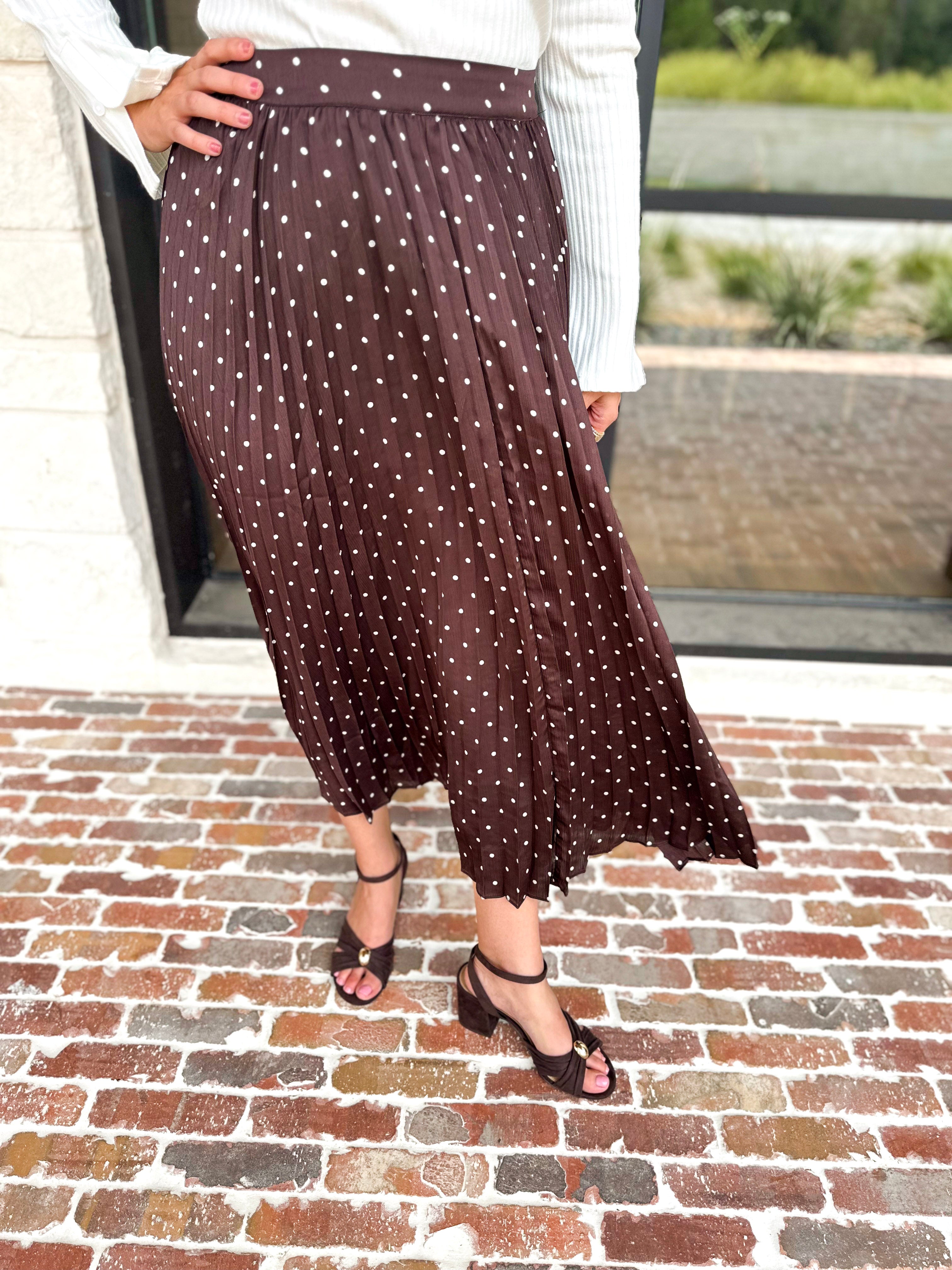 Chocolate Brown Polka Dot Midi Skirt-500 Midi-SKIES ARE BLUE-July & June Women's Fashion Boutique Located in San Antonio, Texas