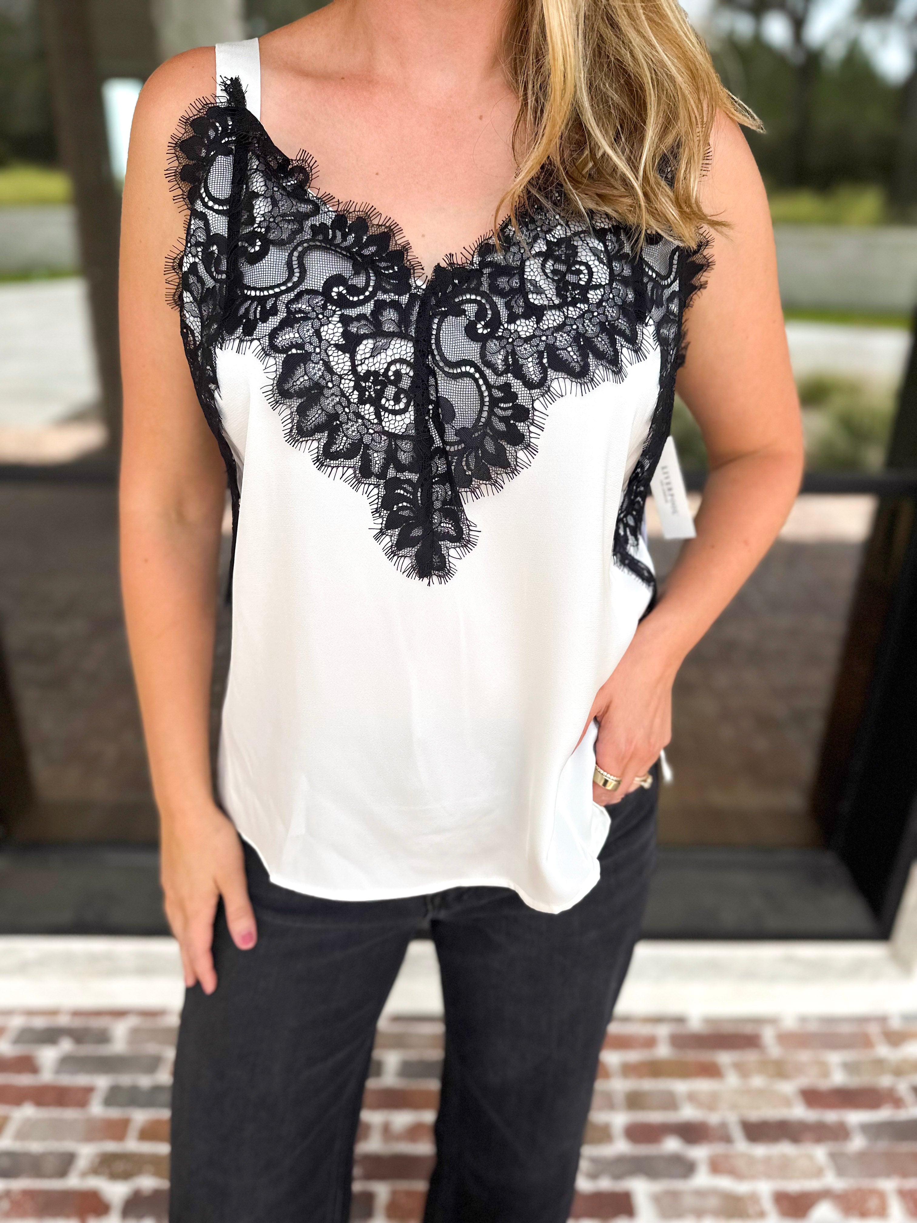Liverpool - Date Night Lace Cami - Ivory-200 Fashion Blouses-LIVERPOOL JEANS COMPANY-July & June Women's Fashion Boutique Located in San Antonio, Texas