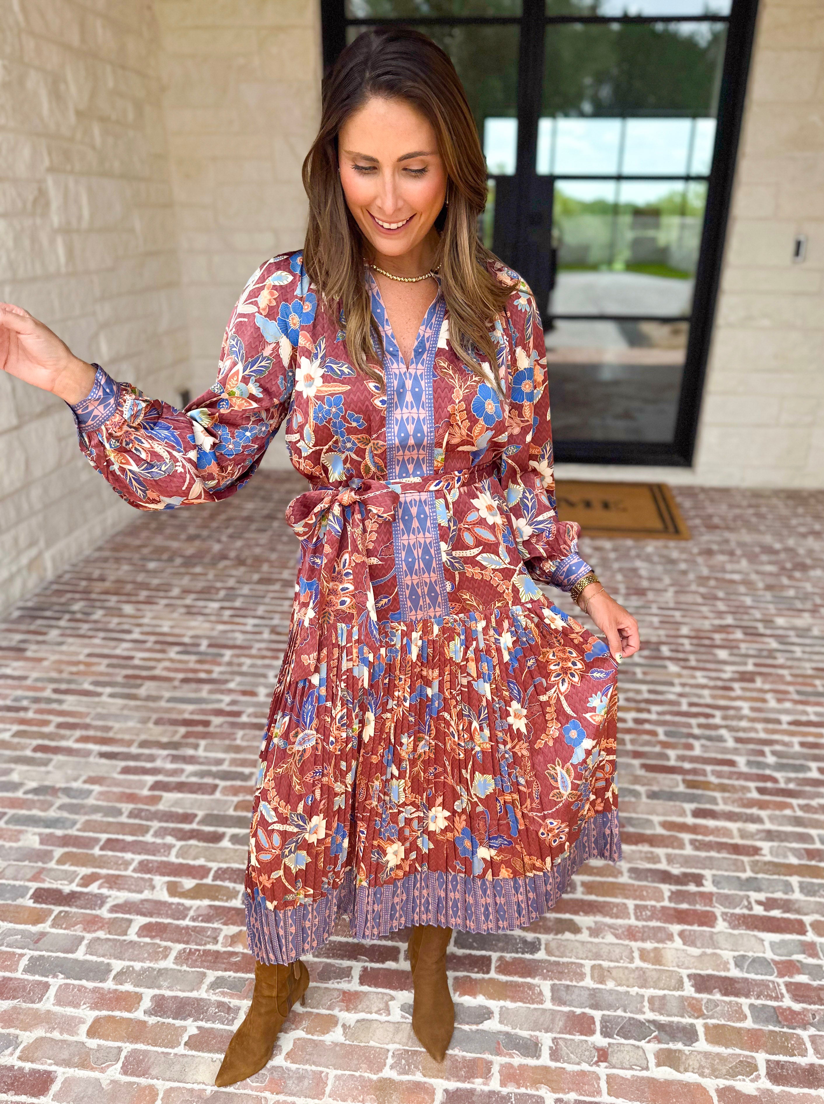 Current Air - Fall Gardens Midi Dress-500 Midi-CURRENT AIR CLOTHING-July & June Women's Fashion Boutique Located in San Antonio, Texas