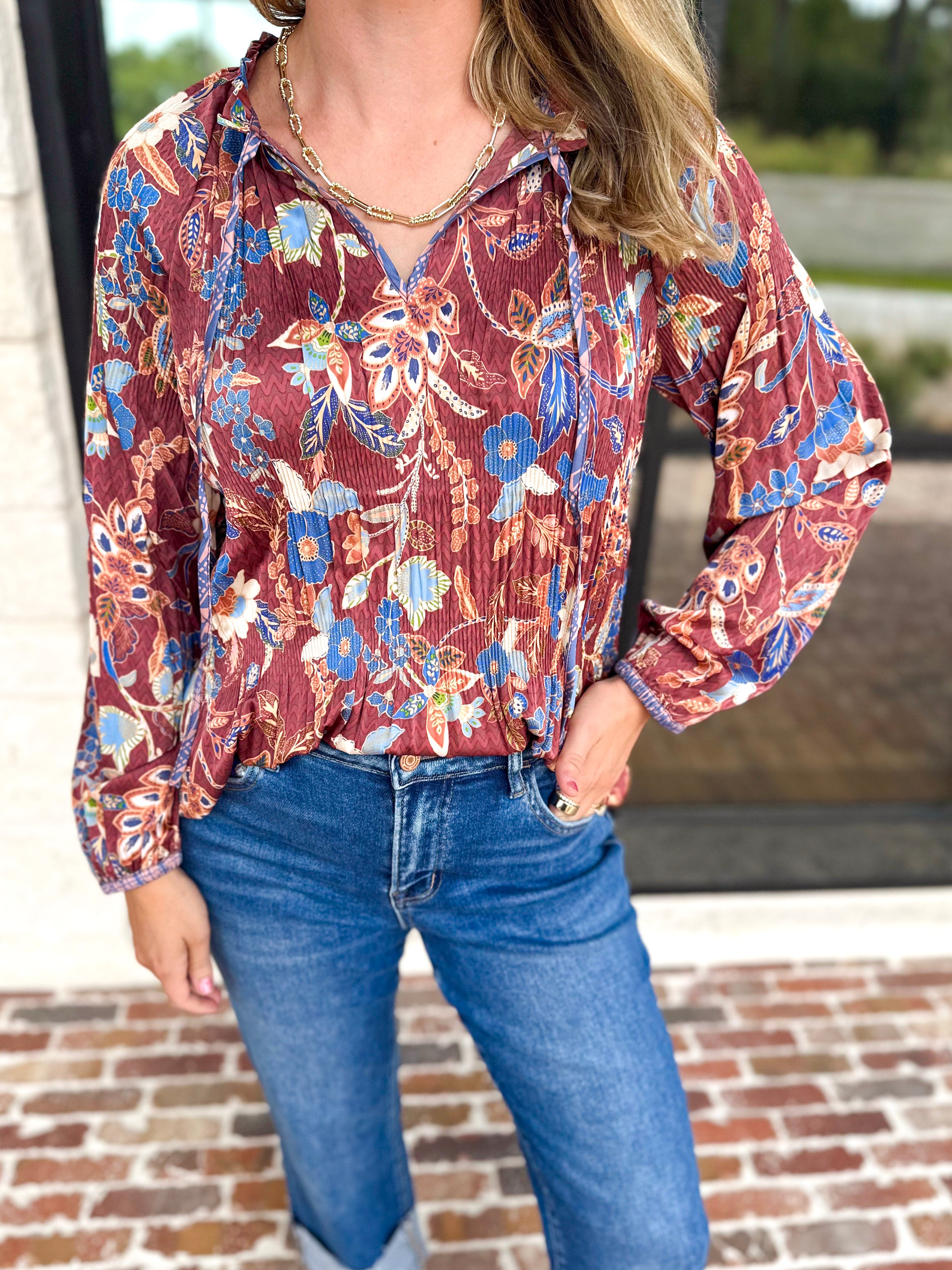 Current Air - Fall Gardens Blouse-200 Fashion Blouses-CURRENT AIR CLOTHING-July & June Women's Fashion Boutique Located in San Antonio, Texas