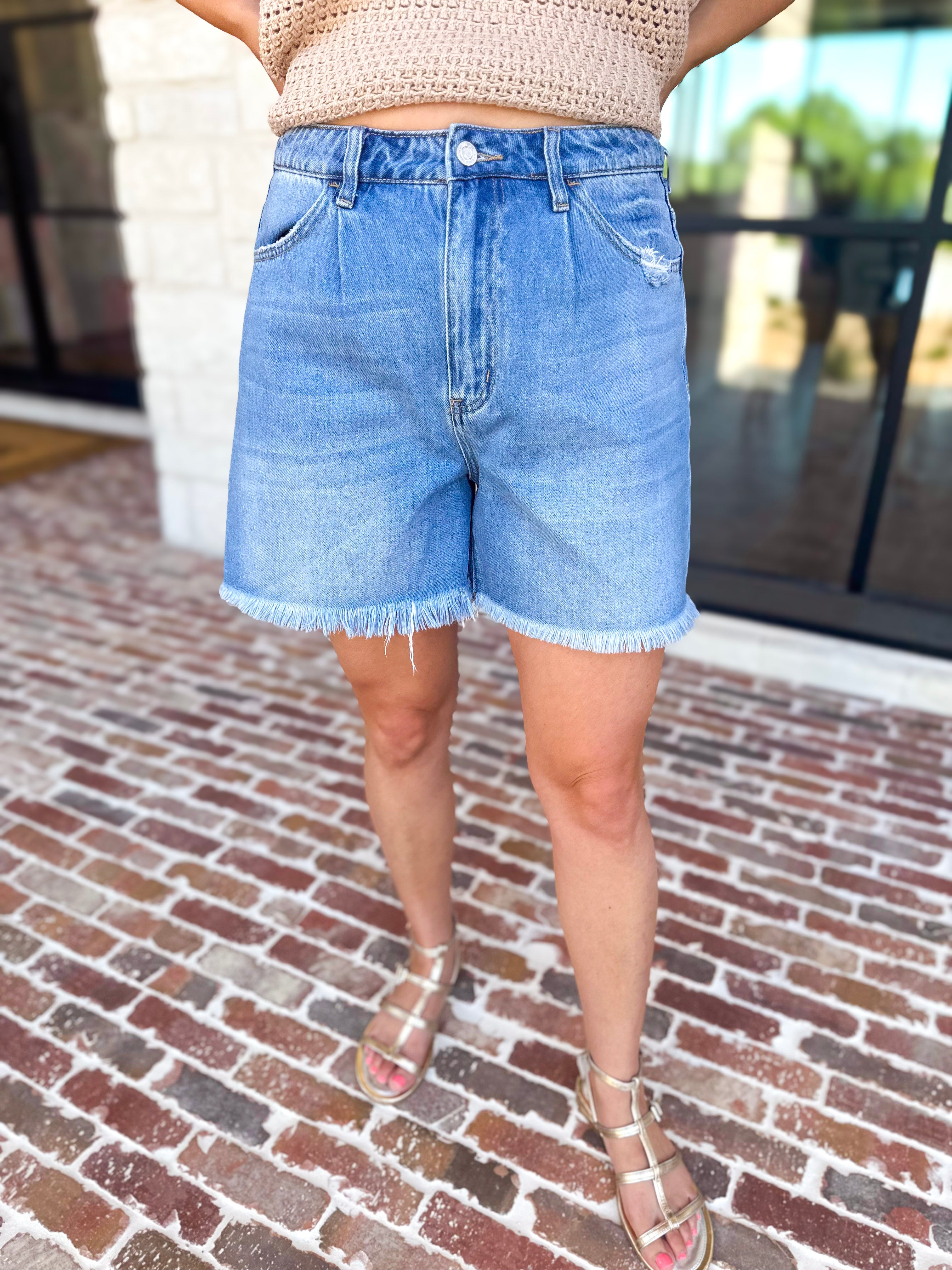 Vervet - High Rise Pleated Denim Shorts-410 Shorts/Skirts-VEVERT BY FLYING MONKEY-July & June Women's Fashion Boutique Located in San Antonio, Texas