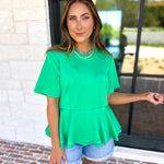 Kelly Green Peplum Comfy Top-210 Casual Blouses-ENTRO-July & June Women's Fashion Boutique Located in San Antonio, Texas