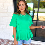 Kelly Green Peplum Comfy Top-210 Casual Blouses-ENTRO-July & June Women's Fashion Boutique Located in San Antonio, Texas