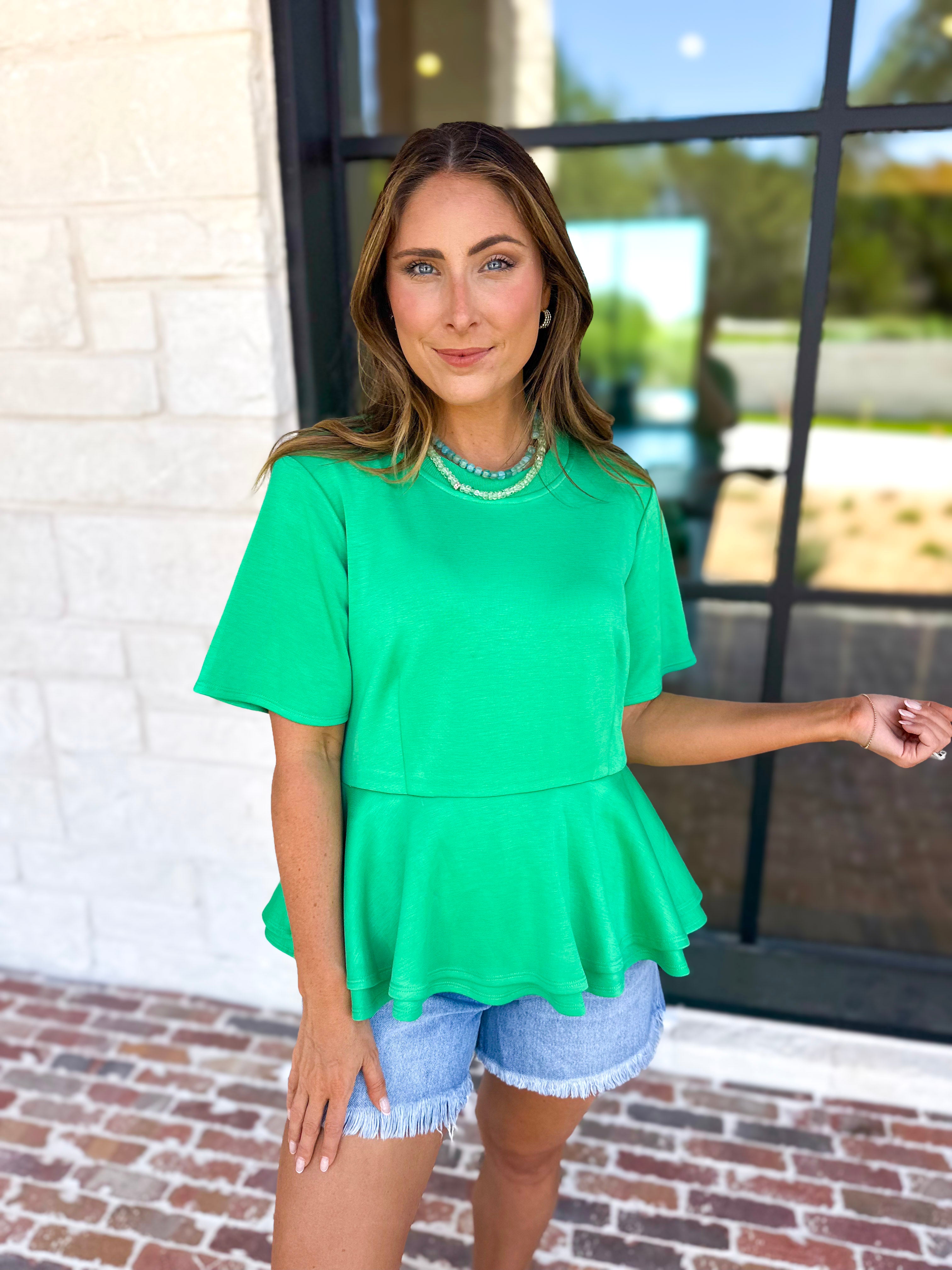Kelly Green Peplum Comfy Top-210 Casual Blouses-ENTRO-July & June Women's Fashion Boutique Located in San Antonio, Texas