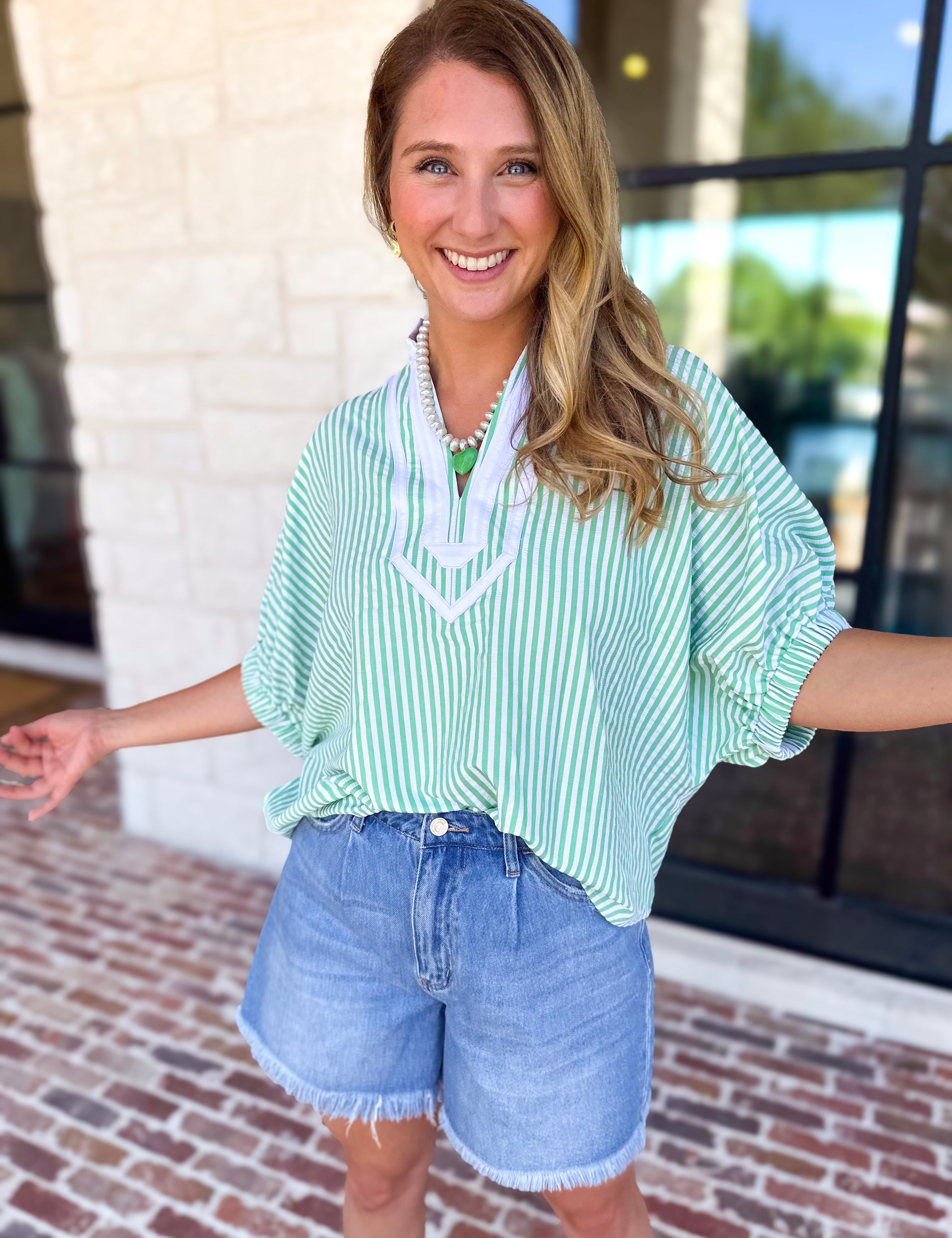 Seersucker Sweet Blouse - Light Green-200 Fashion Blouses-ENTRO-July & June Women's Fashion Boutique Located in San Antonio, Texas
