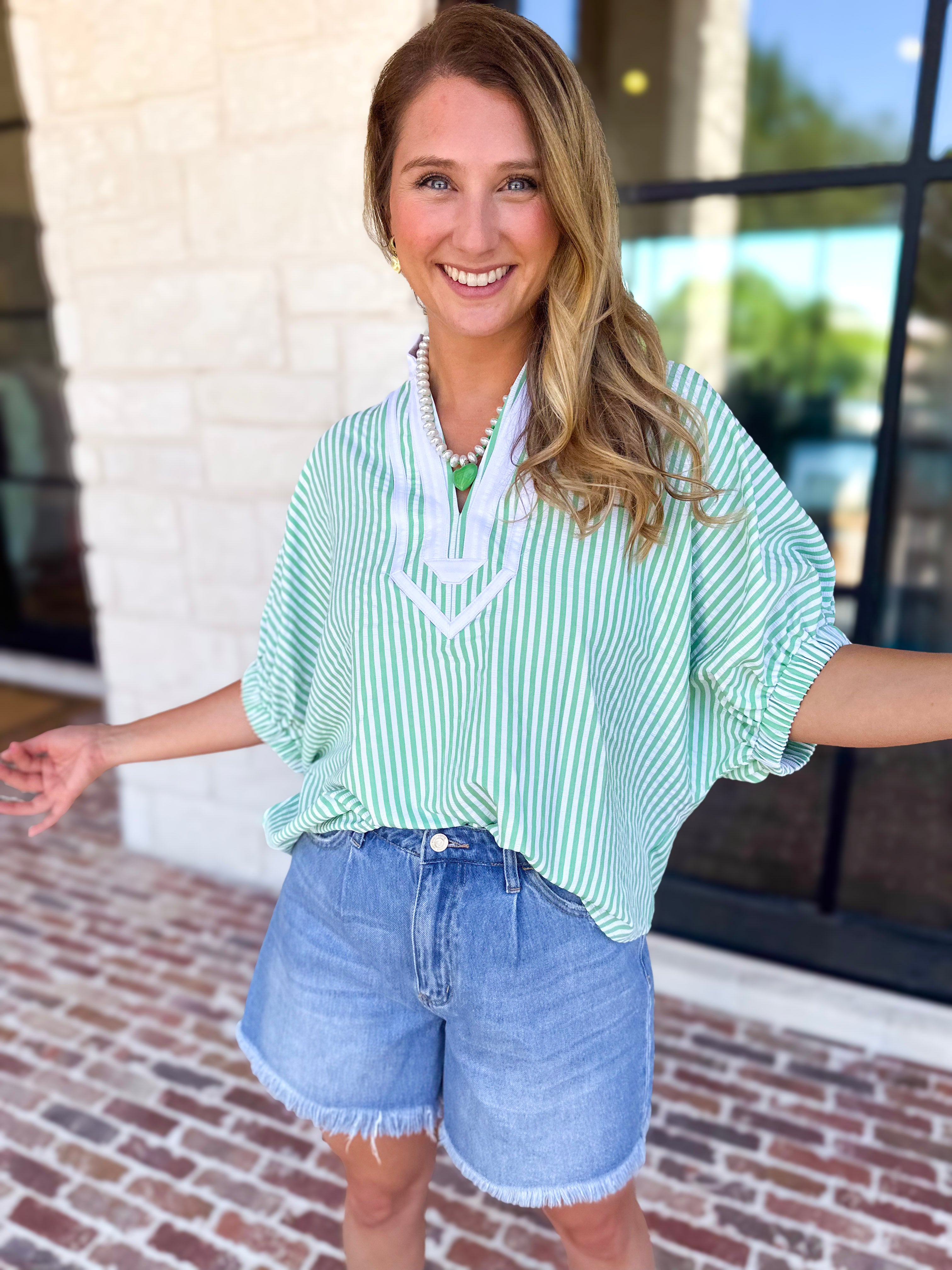 Seersucker Sweet Blouse - Light Green-200 Fashion Blouses-ENTRO-July & June Women's Fashion Boutique Located in San Antonio, Texas