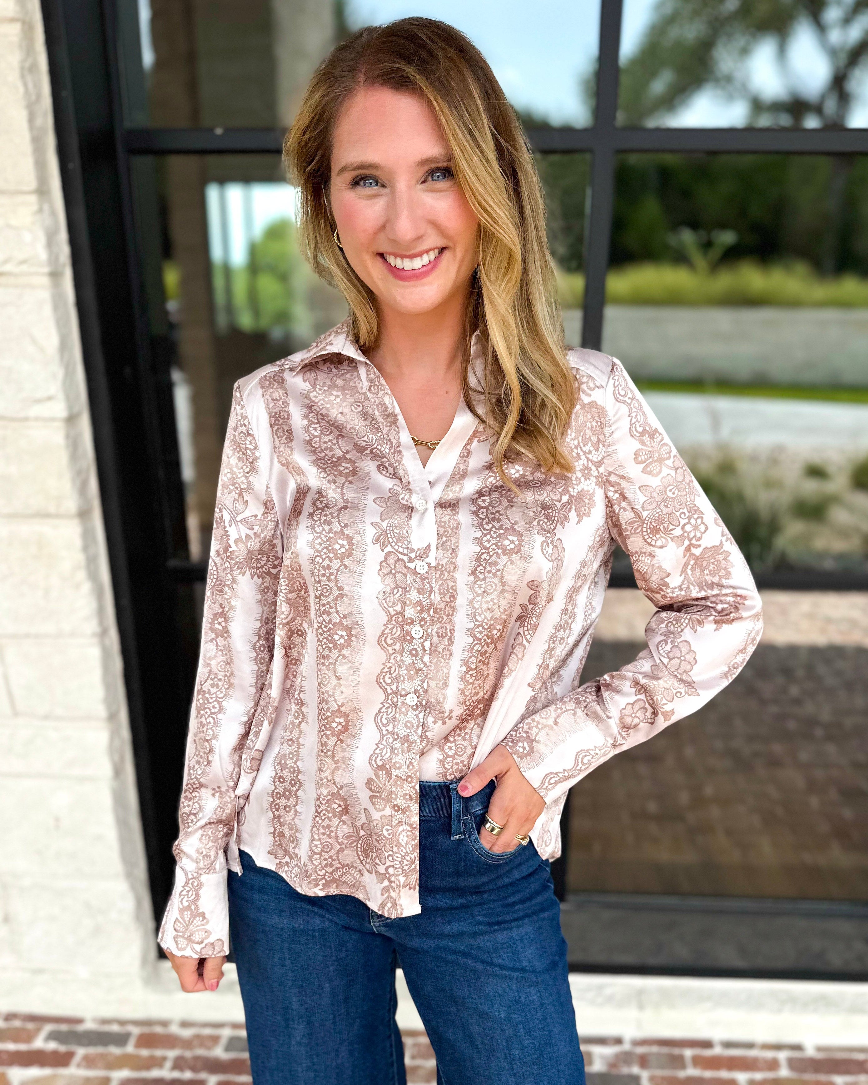 Current Air - Rosé Satin Button Down Blouse-200 Fashion Blouses-CURRENT AIR CLOTHING-July & June Women's Fashion Boutique Located in San Antonio, Texas