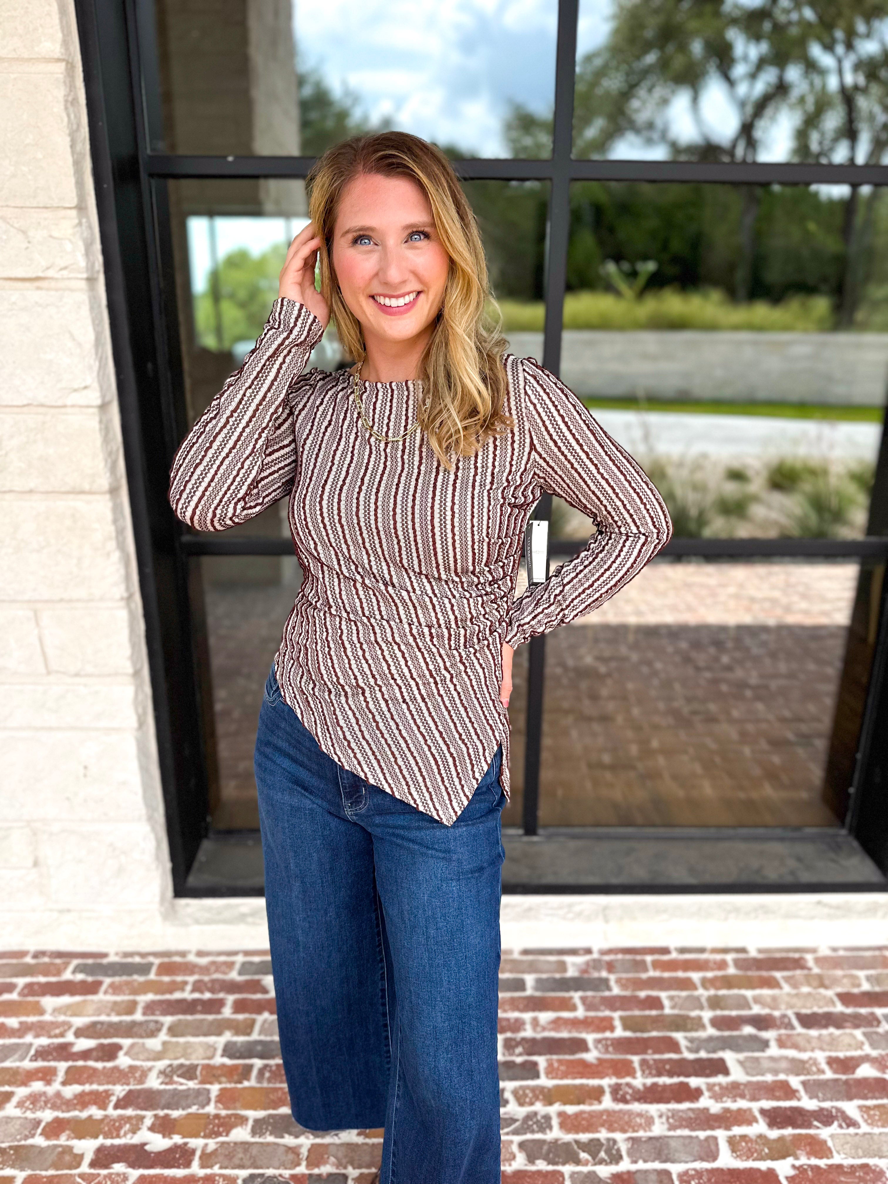 Liverpool - Asymmetrical Striped Blouse-200 Fashion Blouses-LIVERPOOL JEANS COMPANY-July & June Women's Fashion Boutique Located in San Antonio, Texas