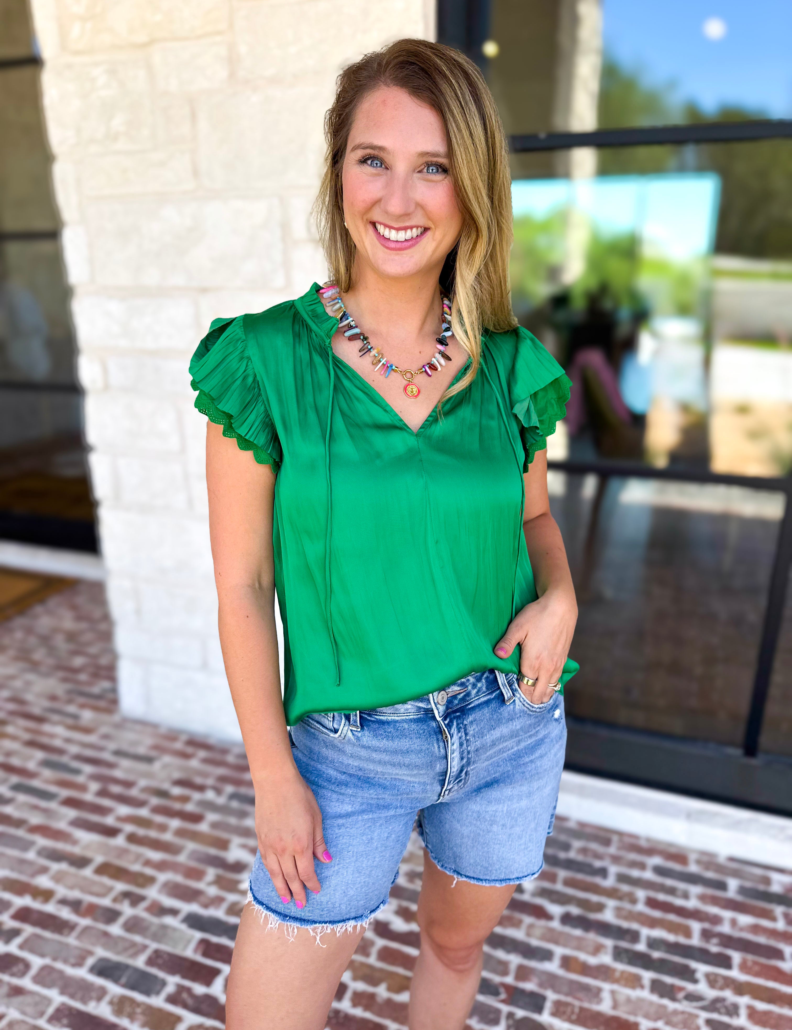 Current Air - Kelly Green Crochet Details Blouse-200 Fashion Blouses-CURRENT AIR CLOTHING-July & June Women's Fashion Boutique Located in San Antonio, Texas