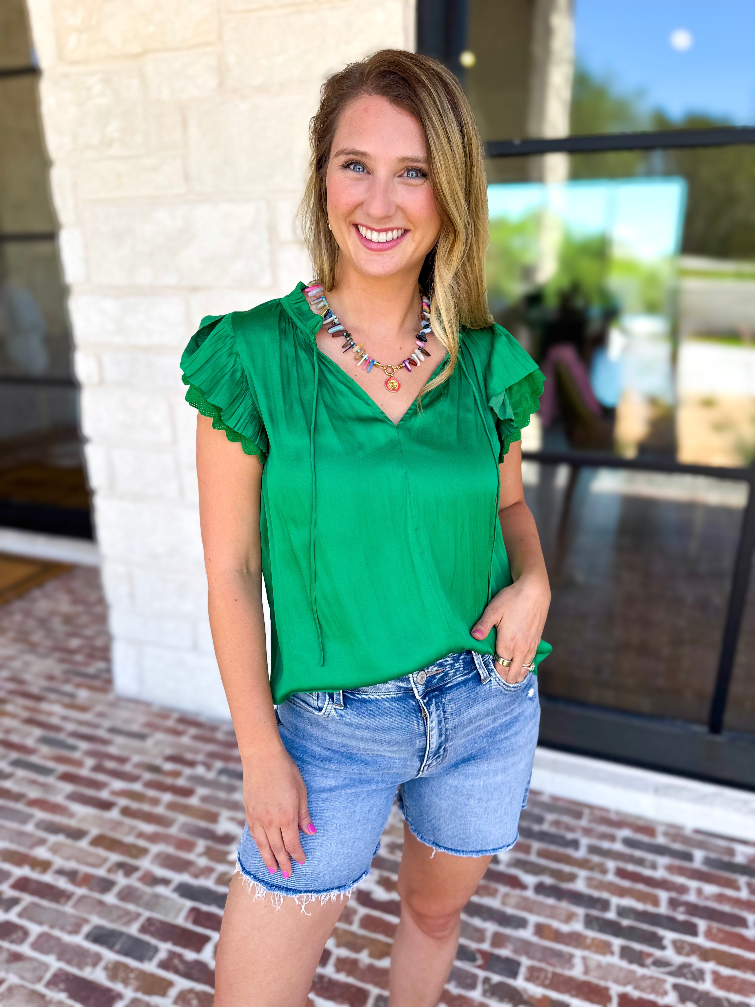 Current Air - Kelly Green Crochet Details Blouse-200 Fashion Blouses-CURRENT AIR CLOTHING-July & June Women's Fashion Boutique Located in San Antonio, Texas