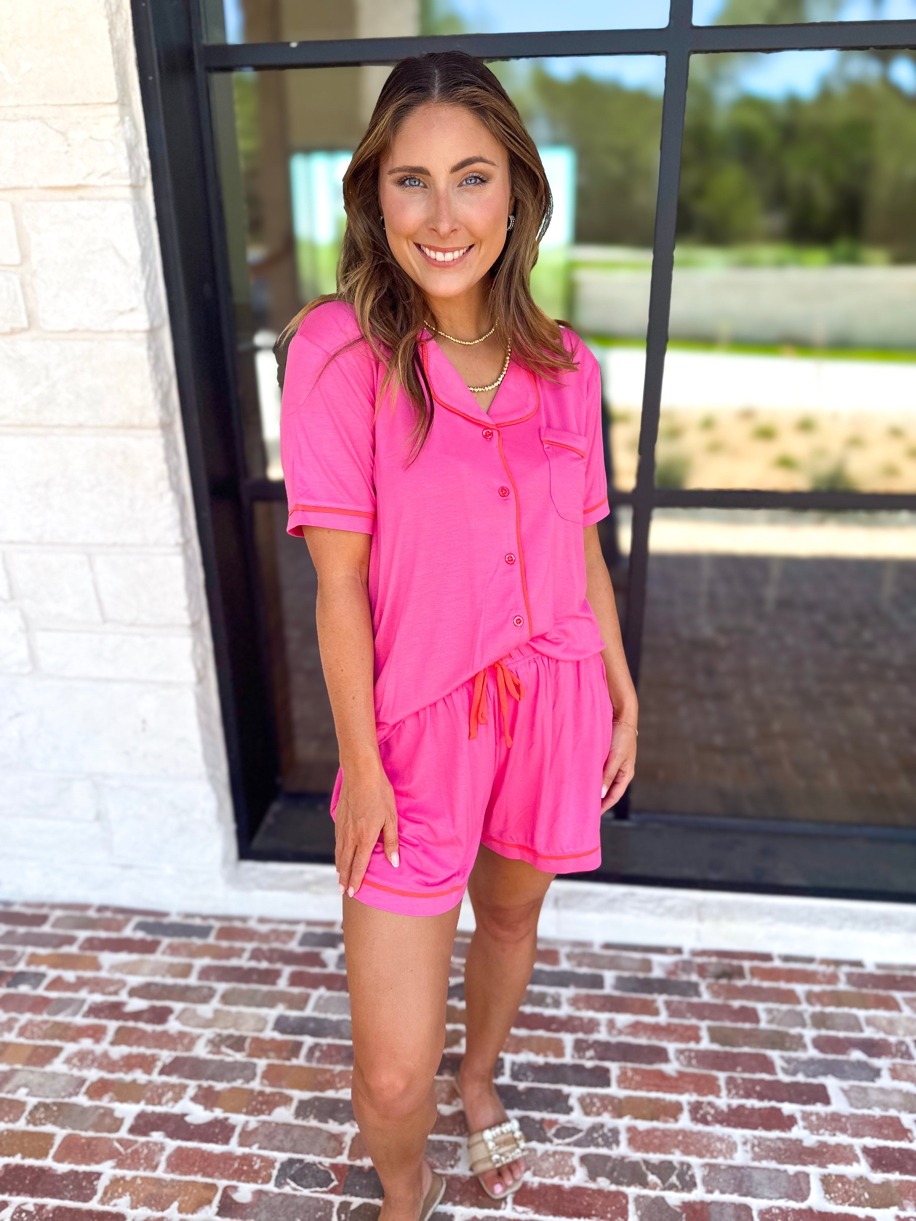 MARY SQUARE - Charlotte Hot Pink Shorts PJ Set-300 Athleisure/Lounge-MARY SQUARE-July & June Women's Fashion Boutique Located in San Antonio, Texas