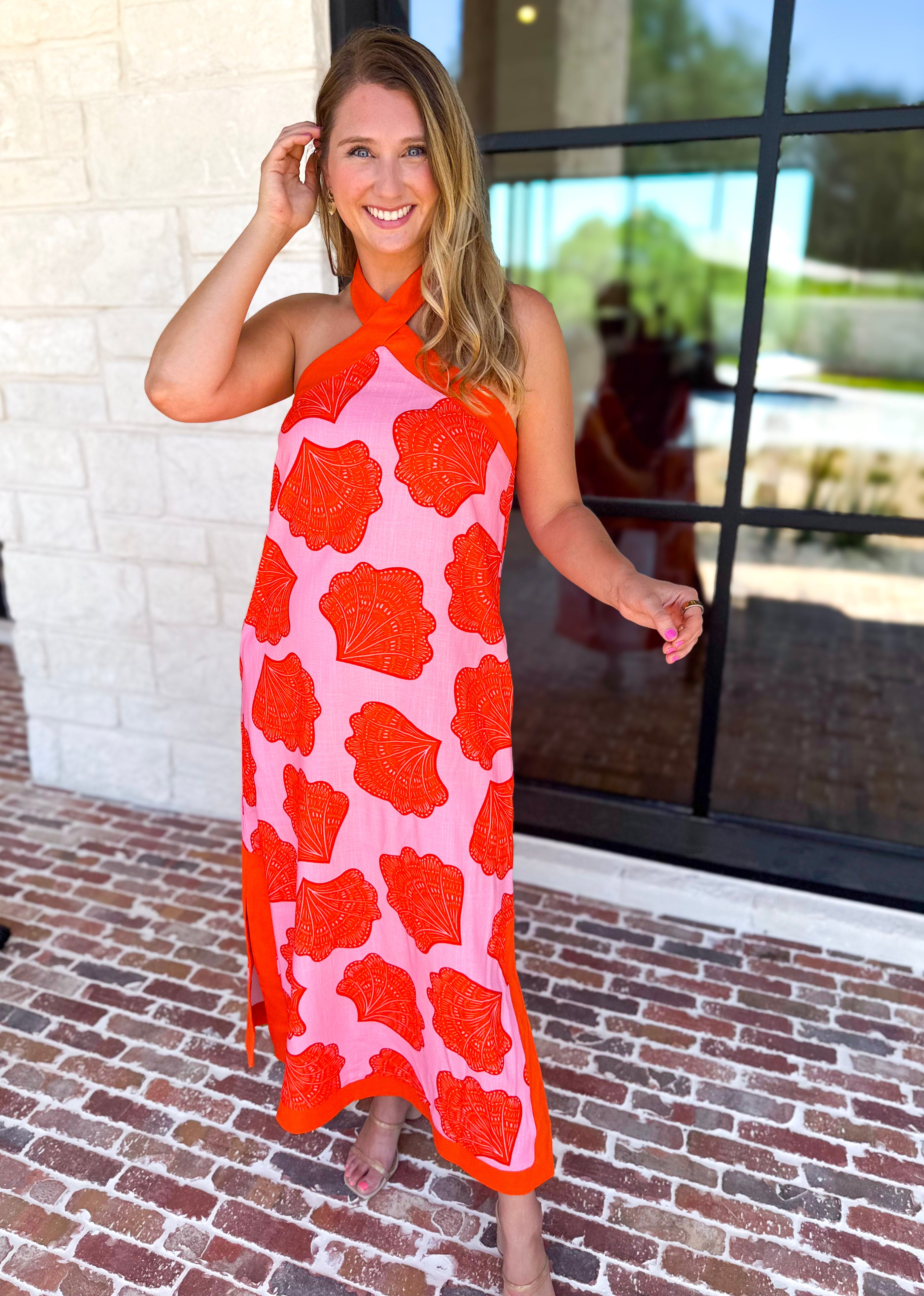 Shell & Shine Halter Midi Dress-500 Midi-ENTRO-July & June Women's Fashion Boutique Located in San Antonio, Texas