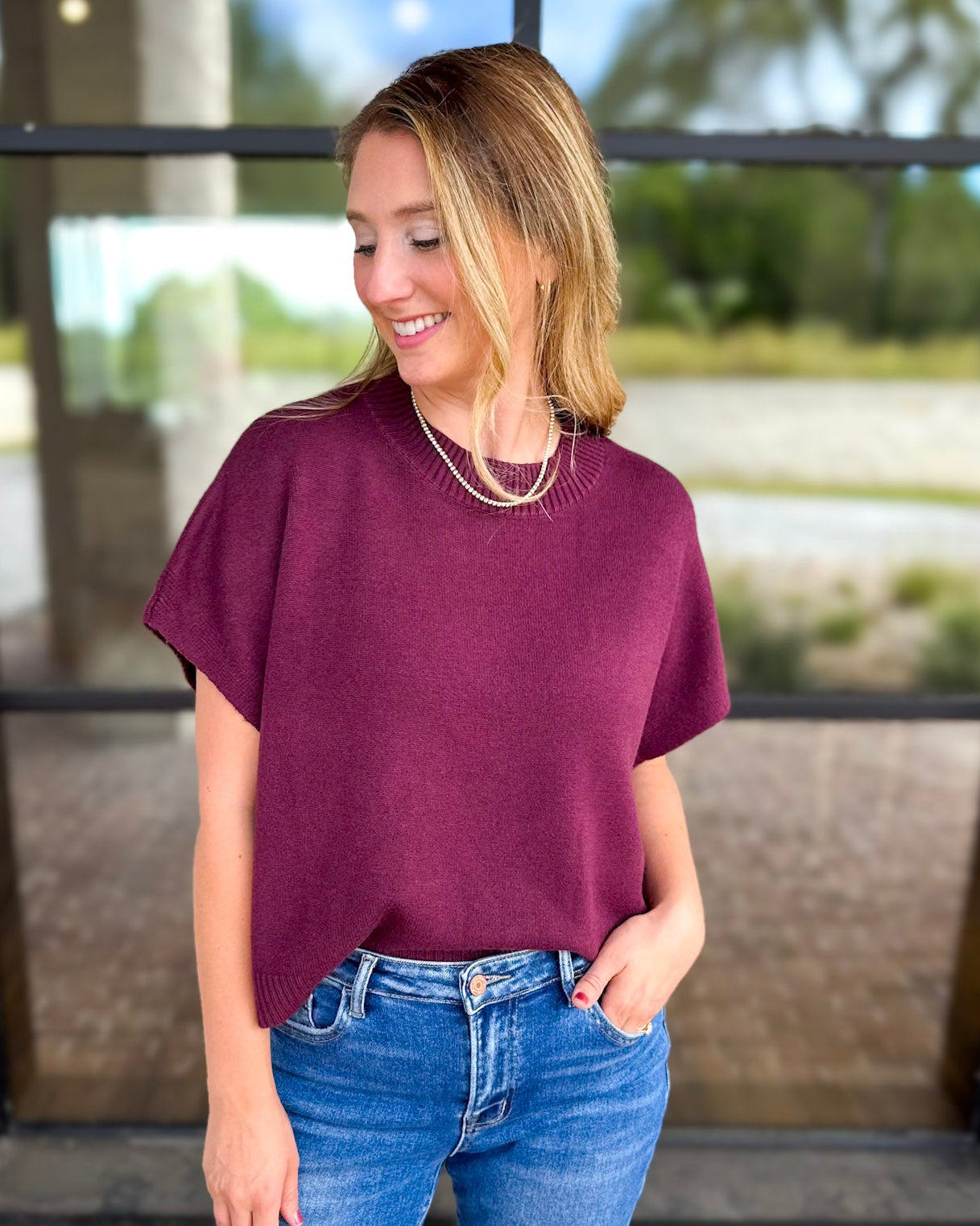 Easy Going Short Sleeve Knit Top - Burgundy-230 Sweaters/Cardis-PINCH-July & June Women's Fashion Boutique Located in San Antonio, Texas