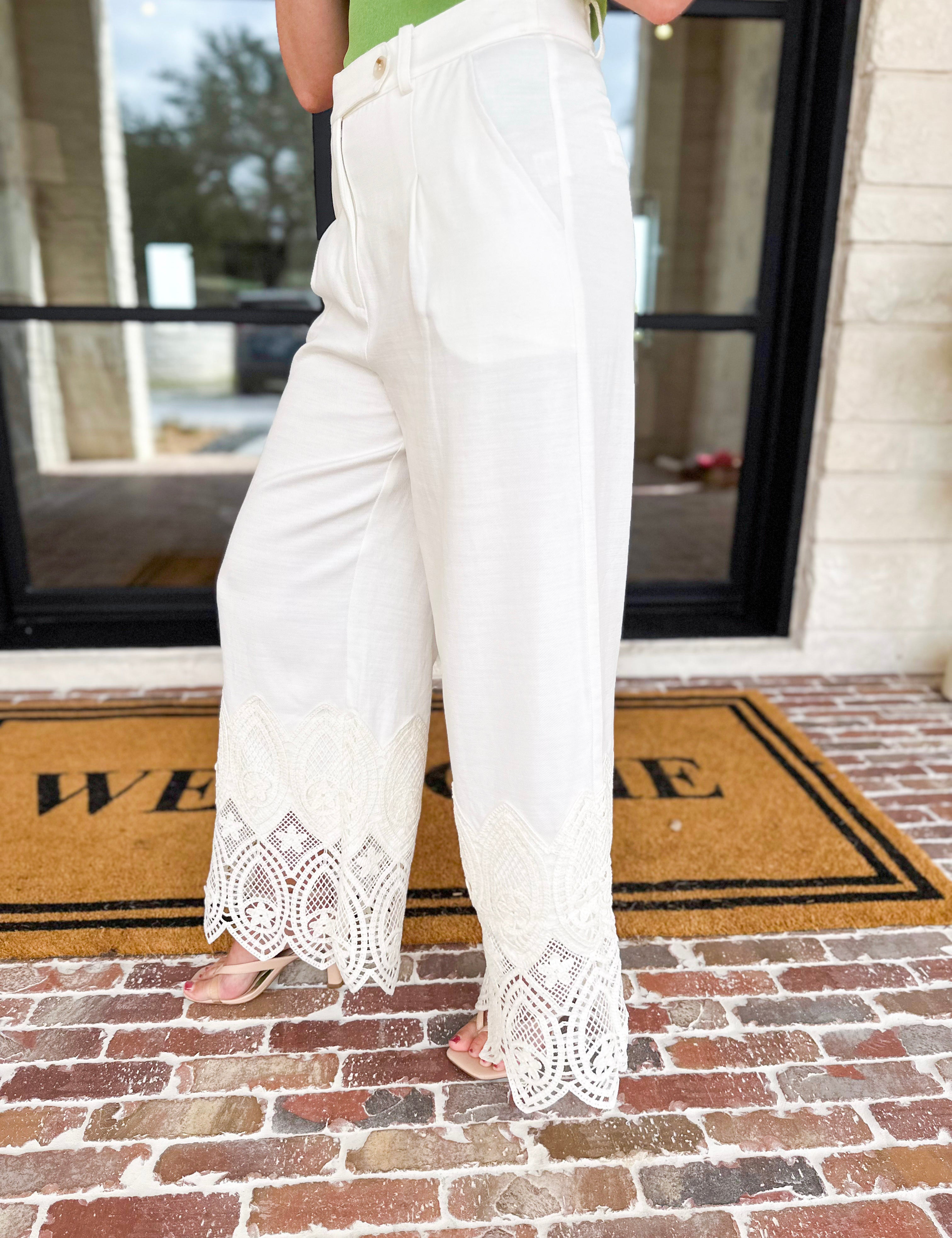 Current Air - Ivory Pants w/ Crochet Details-400 Pants-CURRENT AIR CLOTHING-July & June Women's Fashion Boutique Located in San Antonio, Texas