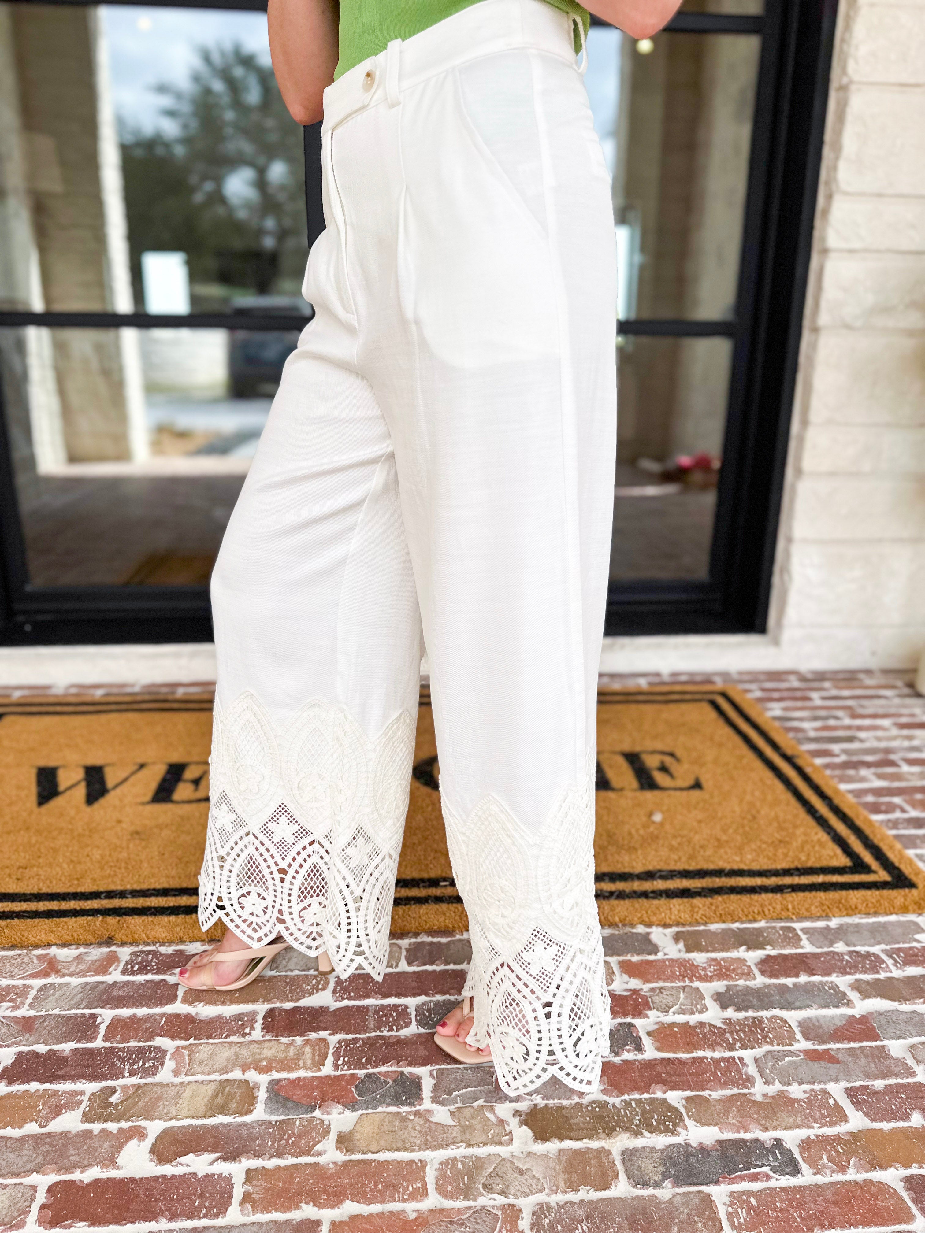 Current Air - Ivory Pants w/ Crochet Details-400 Pants-CURRENT AIR CLOTHING-July & June Women's Fashion Boutique Located in San Antonio, Texas