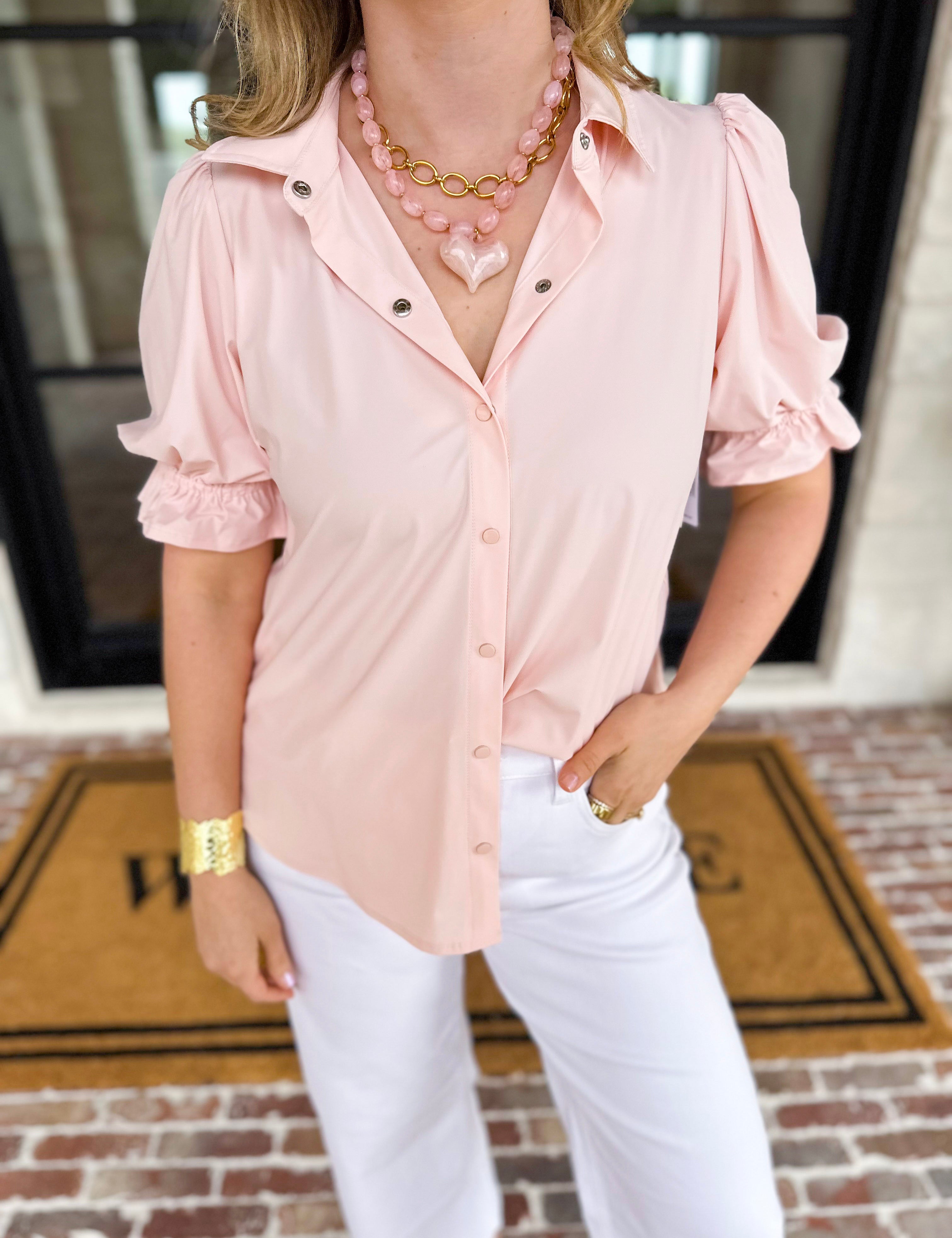 LIVERPOOL - Light Pink Button Down Blouse-200 Fashion Blouses-LIVERPOOL JEANS COMPANY-July & June Women's Fashion Boutique Located in San Antonio, Texas