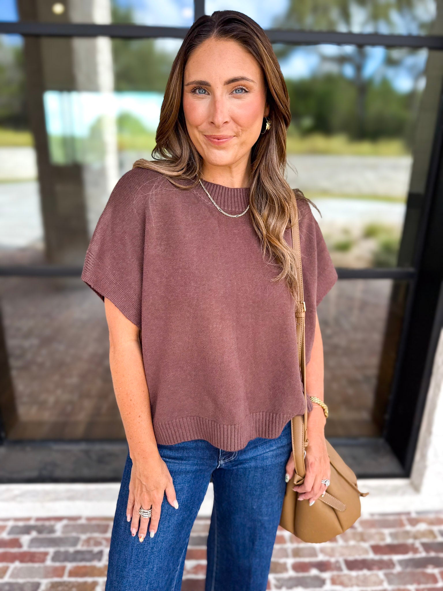 Easy Going Short Sleeve Knit Top - Espresso-230 Sweaters/Cardis-PINCH-July & June Women's Fashion Boutique Located in San Antonio, Texas