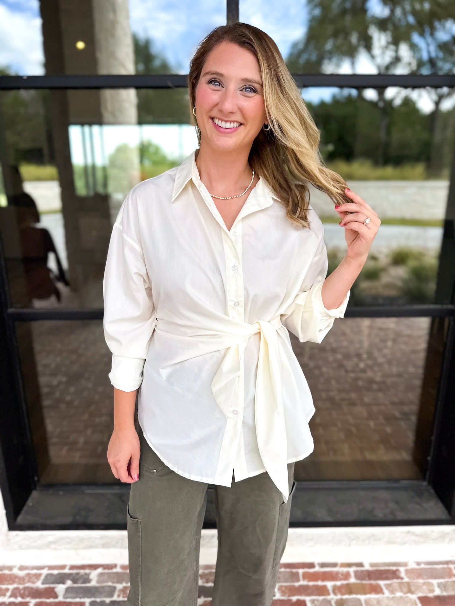 The Sarah Tie Button Down - Ivory-200 Fashion Blouses-ENTRO-July & June Women's Fashion Boutique Located in San Antonio, Texas