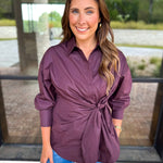The Sarah Tie Button Down - Espresso-200 Fashion Blouses-ENTRO-July & June Women's Fashion Boutique Located in San Antonio, Texas