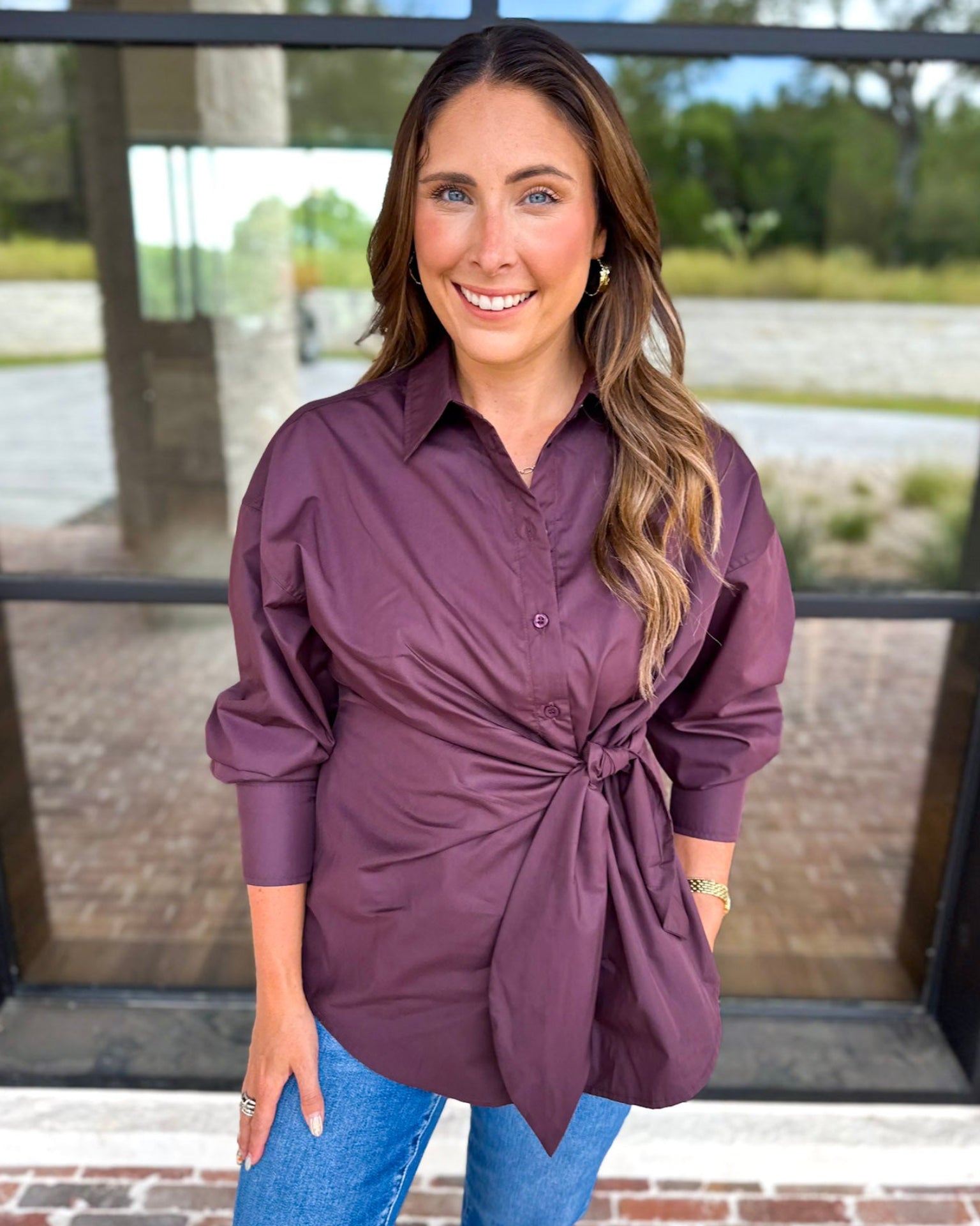 The Sarah Tie Button Down - Espresso-200 Fashion Blouses-ENTRO-July & June Women's Fashion Boutique Located in San Antonio, Texas