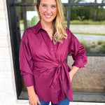 The Sarah Tie Button Down - Deep Berry-200 Fashion Blouses-ENTRO-July & June Women's Fashion Boutique Located in San Antonio, Texas