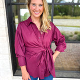 The Sarah Tie Button Down - Deep Berry-200 Fashion Blouses-ENTRO-July & June Women's Fashion Boutique Located in San Antonio, Texas