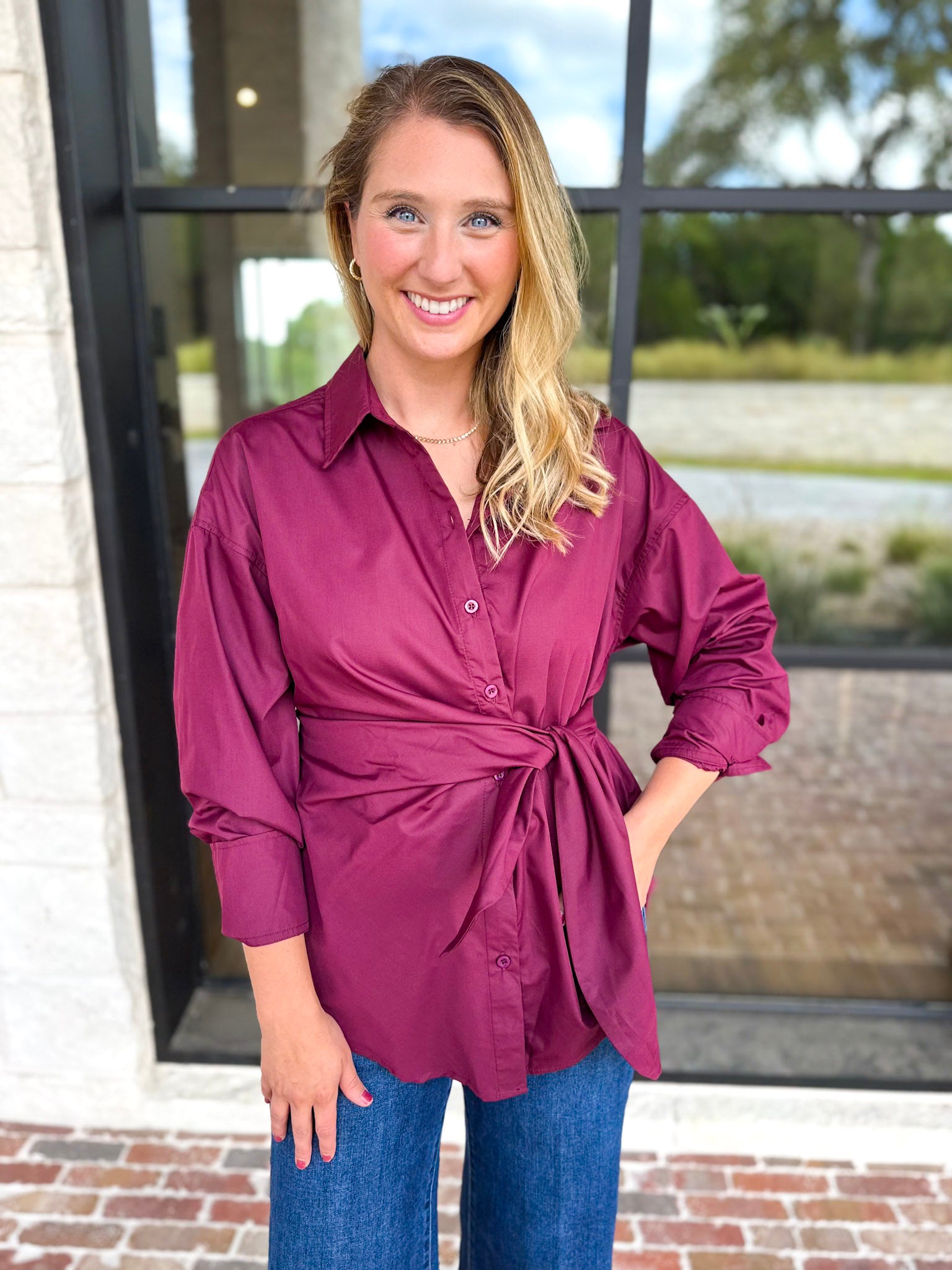 The Sarah Tie Button Down - Deep Berry-200 Fashion Blouses-ENTRO-July & June Women's Fashion Boutique Located in San Antonio, Texas