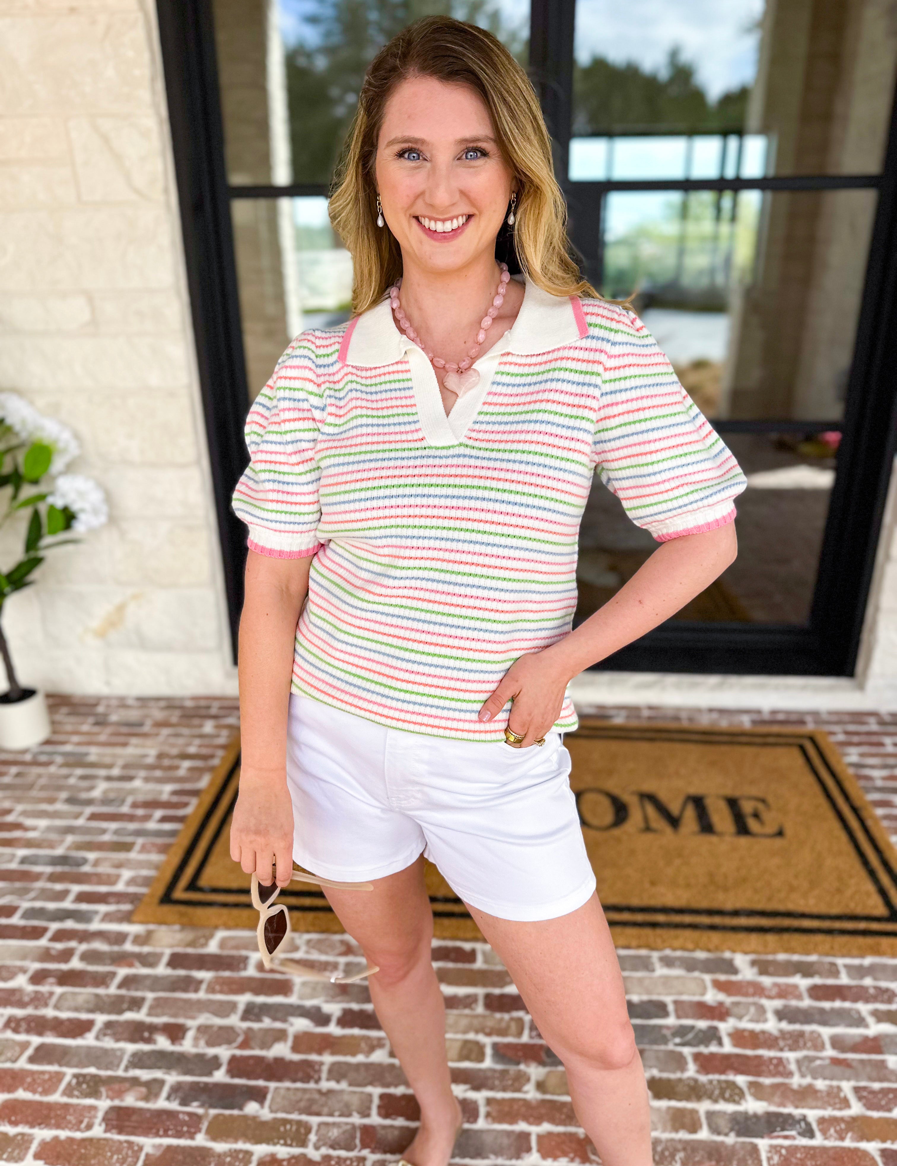 Mary Square - Multi Stripe Knit Top-230 Sweaters/Cardis-MARY SQUARE-July & June Women's Fashion Boutique Located in San Antonio, Texas