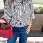Gingham Bubble Blouse - Black-200 Fashion Blouses-ENTRO-July & June Women's Fashion Boutique Located in San Antonio, Texas