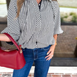 Gingham Bubble Blouse - Black-200 Fashion Blouses-ENTRO-July & June Women's Fashion Boutique Located in San Antonio, Texas