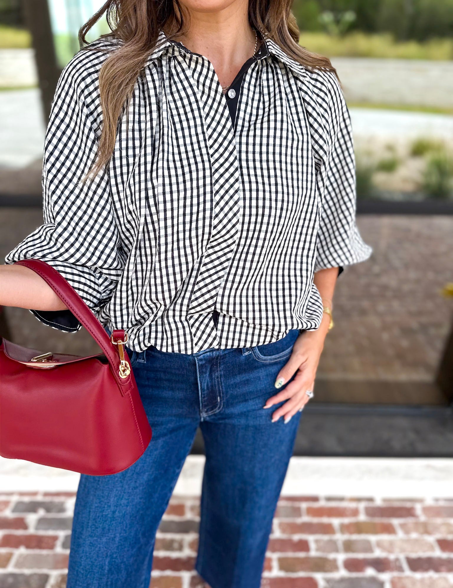 Gingham Bubble Blouse - Black-200 Fashion Blouses-ENTRO-July & June Women's Fashion Boutique Located in San Antonio, Texas
