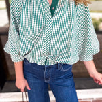 Gingham Bubble Blouse - Hunter Green-200 Fashion Blouses-ENTRO-July & June Women's Fashion Boutique Located in San Antonio, Texas