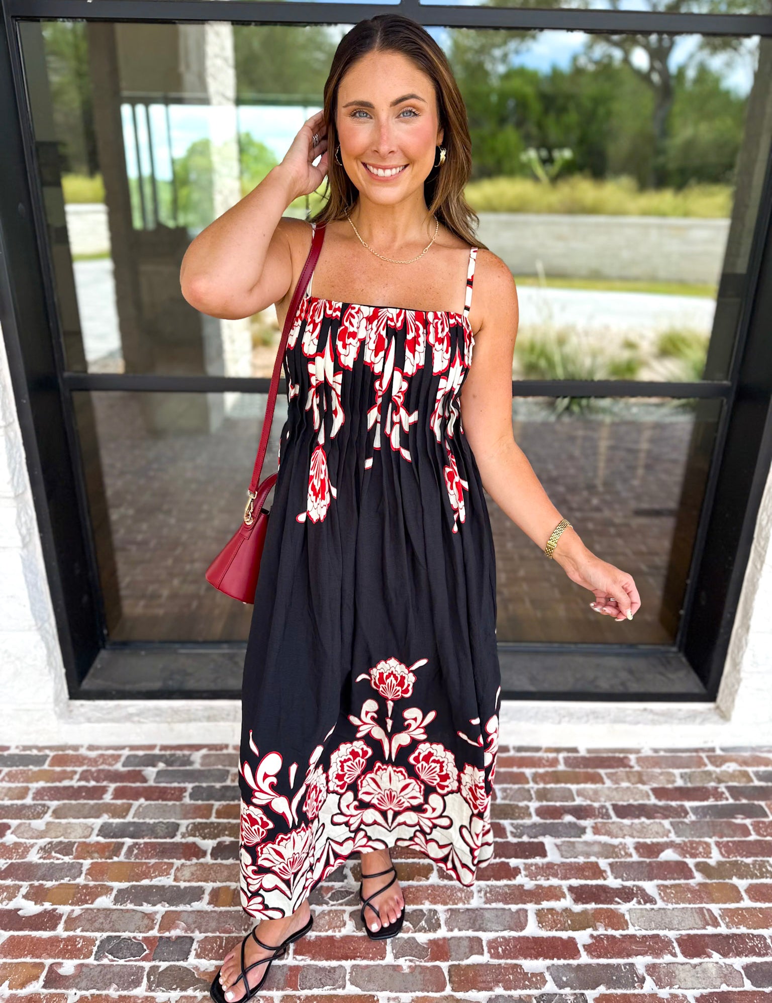 Floral Pleated Midi Dress - Black-500 Midi-ENTRO-July & June Women's Fashion Boutique Located in San Antonio, Texas