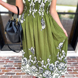 Floral Pleated Midi Dress - Moss Green-500 Midi-ENTRO-July & June Women's Fashion Boutique Located in San Antonio, Texas