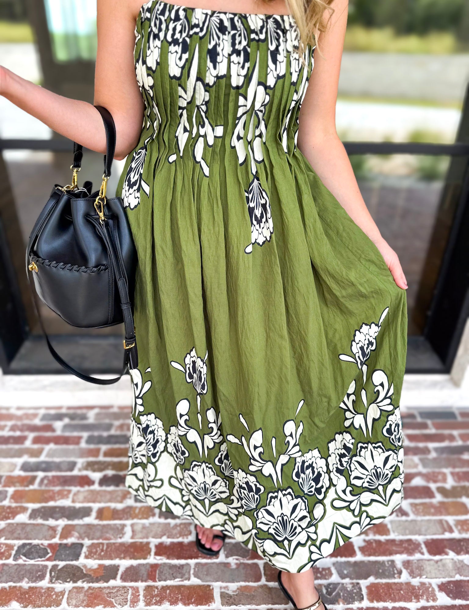 Floral Pleated Midi Dress - Moss Green-500 Midi-ENTRO-July & June Women's Fashion Boutique Located in San Antonio, Texas