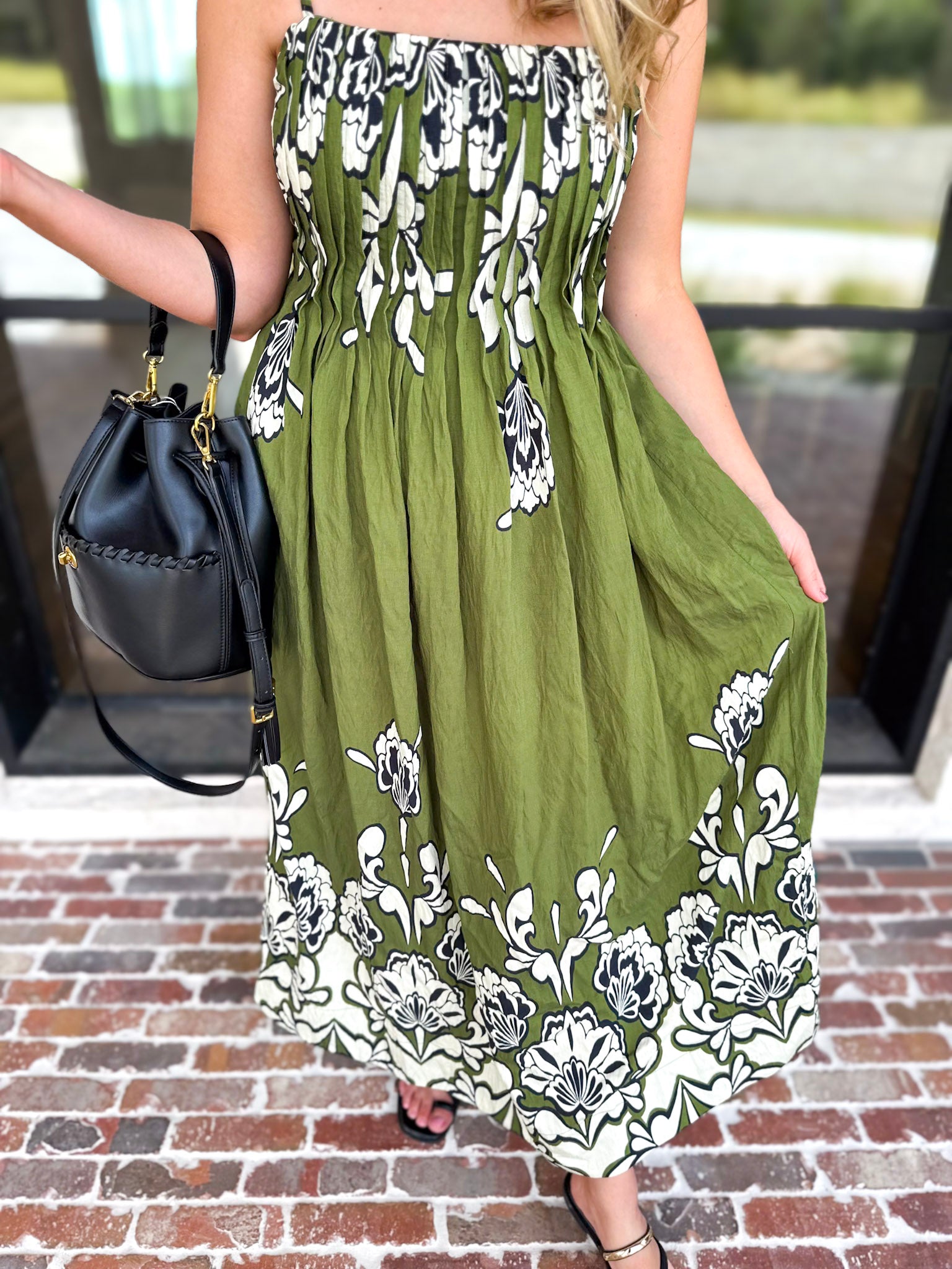 Floral Pleated Midi Dress - Moss Green-500 Midi-ENTRO-July & June Women's Fashion Boutique Located in San Antonio, Texas